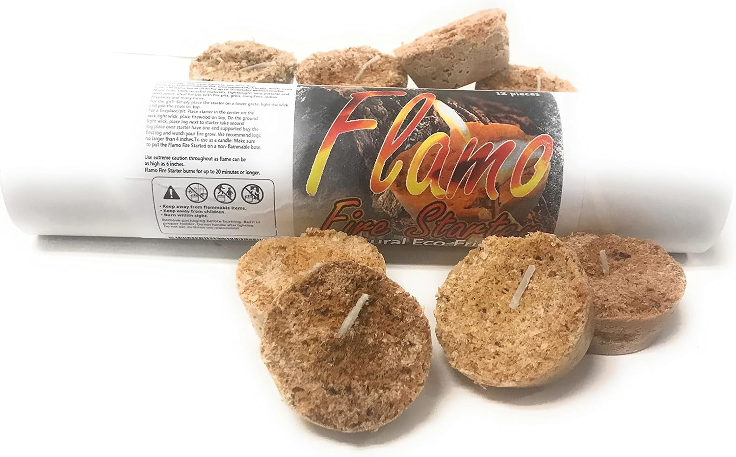 Flamo Firestarter - 100 Percentage All Natural Material - 15-20 Minute Burn Without Residue for BBQ, Campfire, Charcoal, fire Pit, Wood and Pellet Stove, 12 Count, 1.5 oz