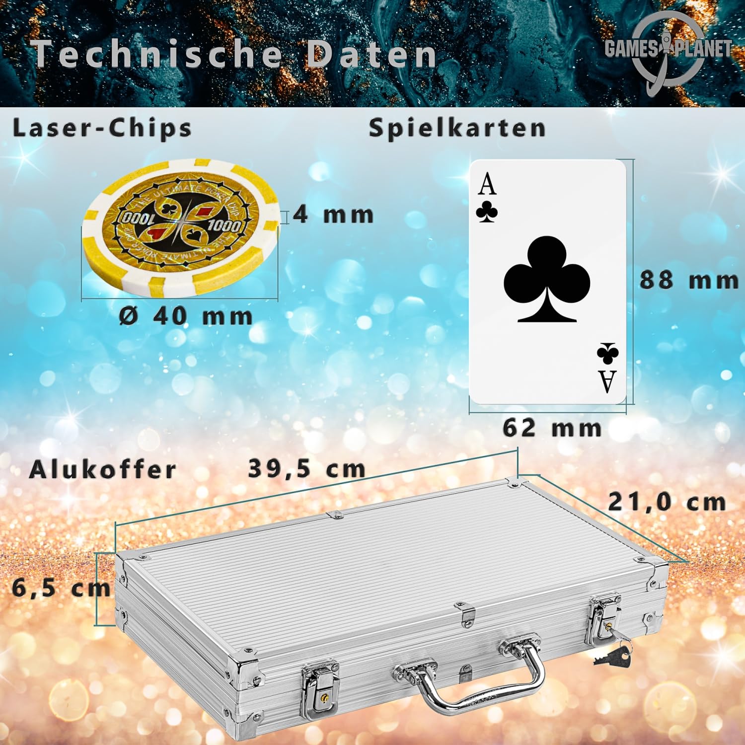 GAMES PLANET Pokerkoffer mit 300 Laser-Chips, Silver/Gold/Black Edition