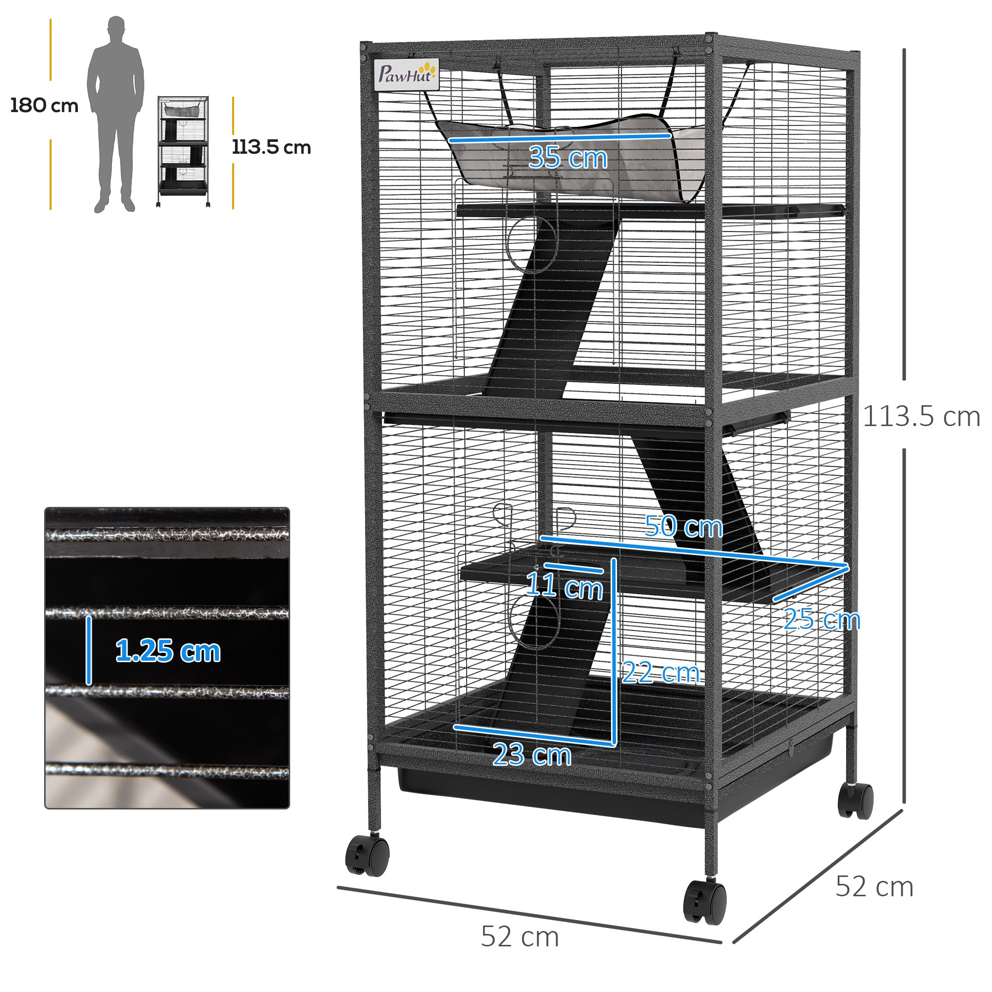 PawHut Jaula para pequeños roedores de acero, jaula para cobayas y chinchillas con 3 pisos, 4 ruedas, hamaca y bandeja extraíble, 52 x 52 x 113,5 cm, gris