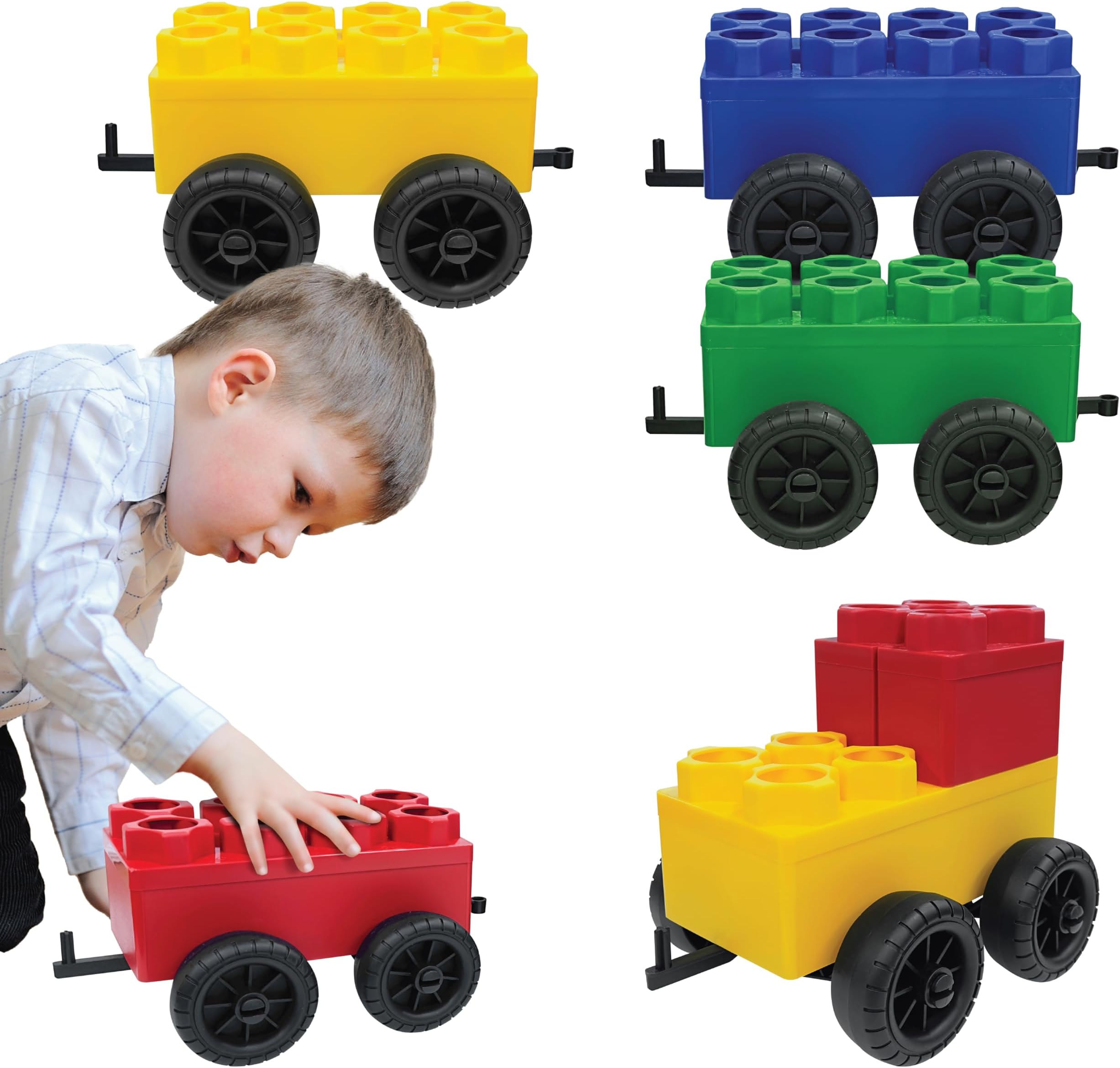 Big Building Blocks - Blocks and Wheels - Toddlers and Kids Ages 4-8 - Large Indoor Outdoor Games - 5 PC Wheel Set