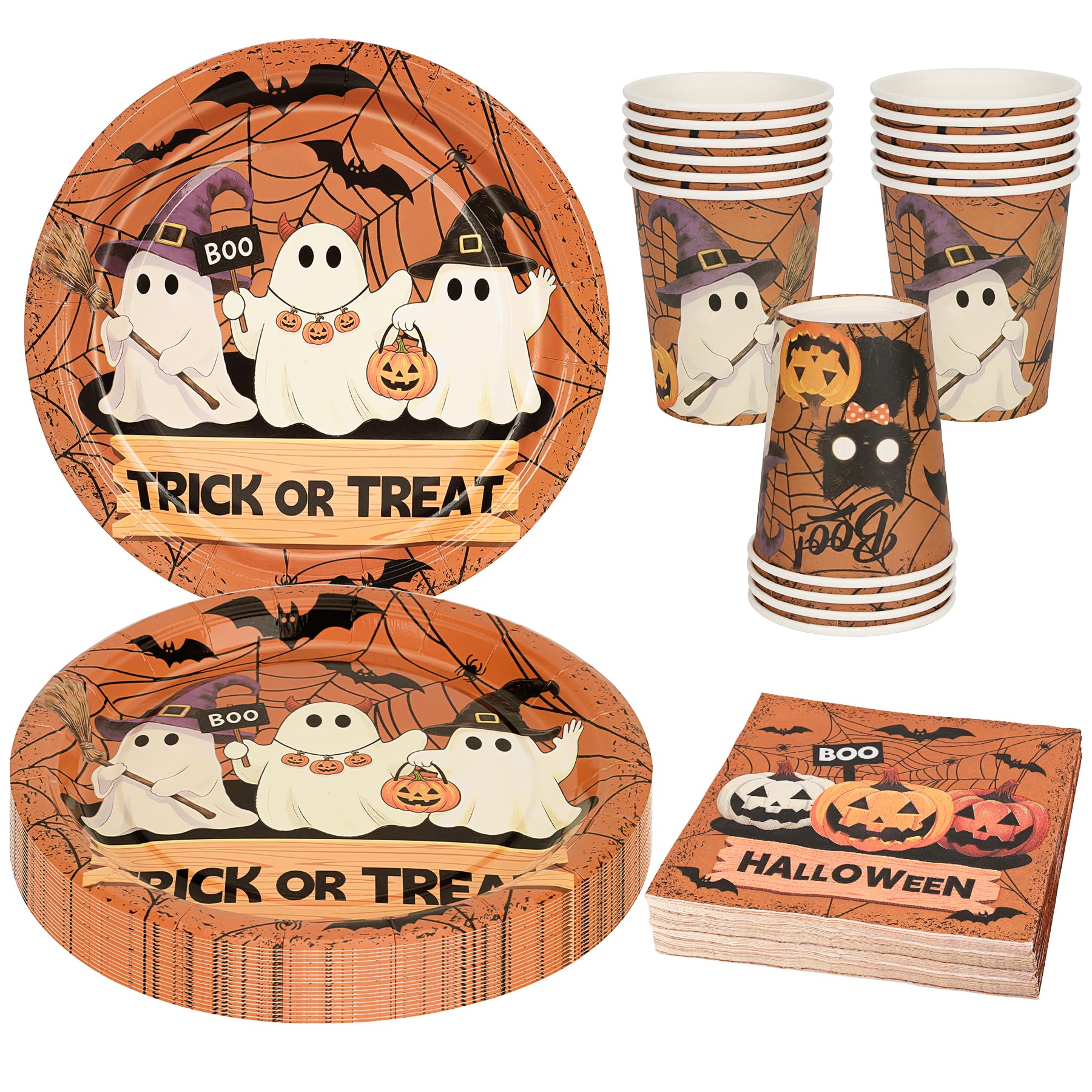 MestectPET Halloween Tableware Set, Paper Plates Cups Napkins for 16 Guests