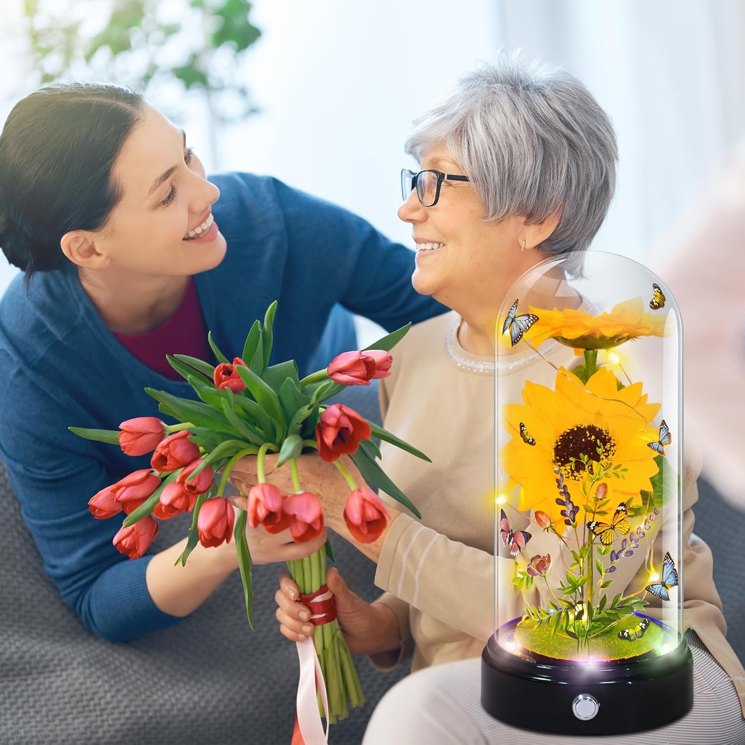 TECHSHARE Sunflower Gifts for Women,Yellow Artificial Sunflowers with LED Light in Glass Dome,Cute Sunflower for Christmas,Birthday, Mother's Day, Valentine's Day