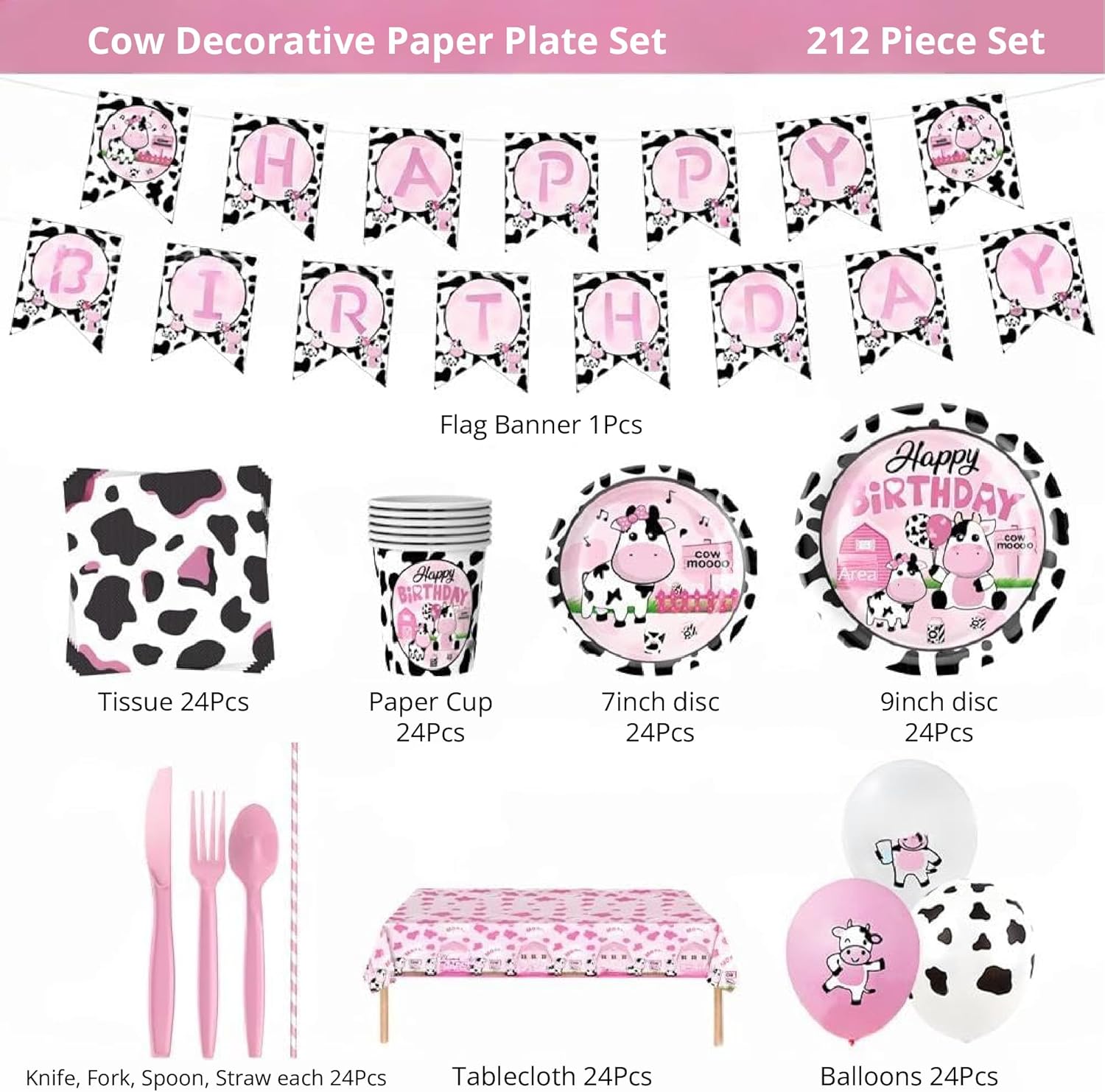 212 Pcs Cow Party Decorations, Farm Pink Cow Birthday Supplies Tableware Set Serves 24, with Plates Napkins Cups Fork Knives Spoon Tablecloth Balloons Banner, Moo Themed Disposable Dinnerware