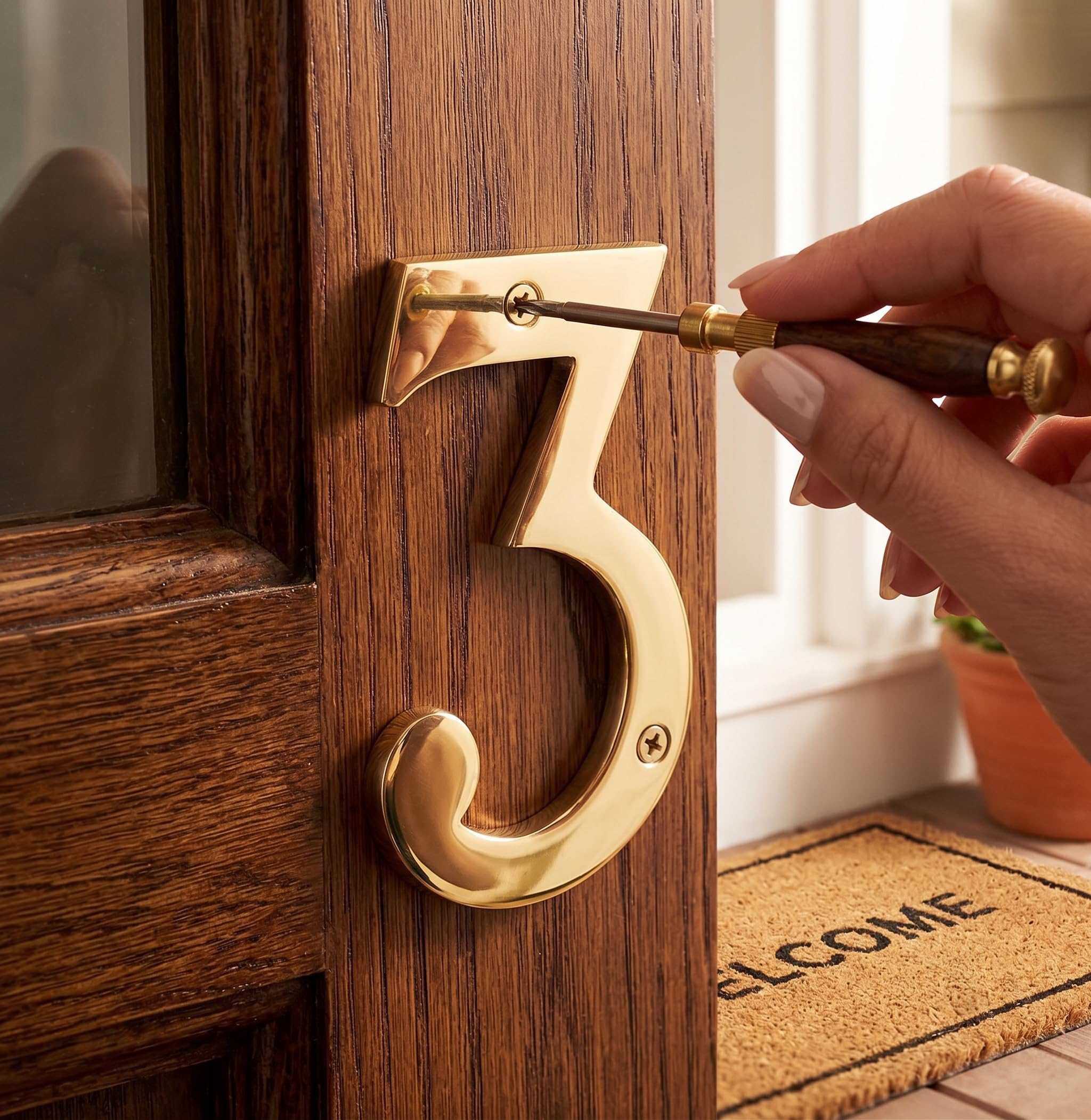 eSplanade 4" Brass House Hotel Door Number Plaque Sticky Numeric Numerical Digit 0-9 (3(three)) — Amazon image 2
