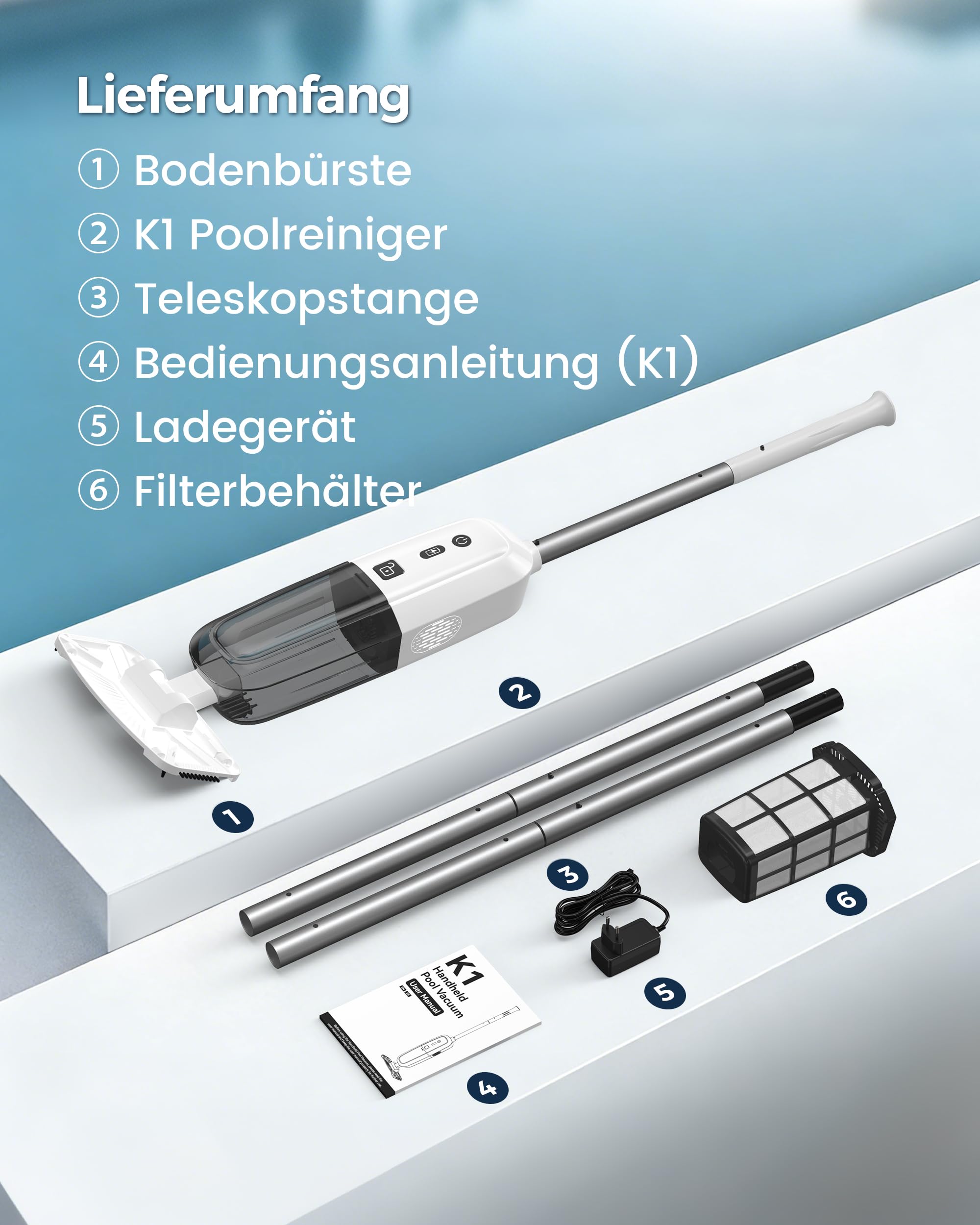 2026 Upgrade Poolsauger Akku,Pool Handsauger Mit Betriebsdauer Bis Zu 70 Minuten, 250cm Verlängerungsstangen,Poolreiniger Mit 180μm Filter,Ideal für Aufstellpool & Einbaupool, Spas, Whirlpools, Weiß
