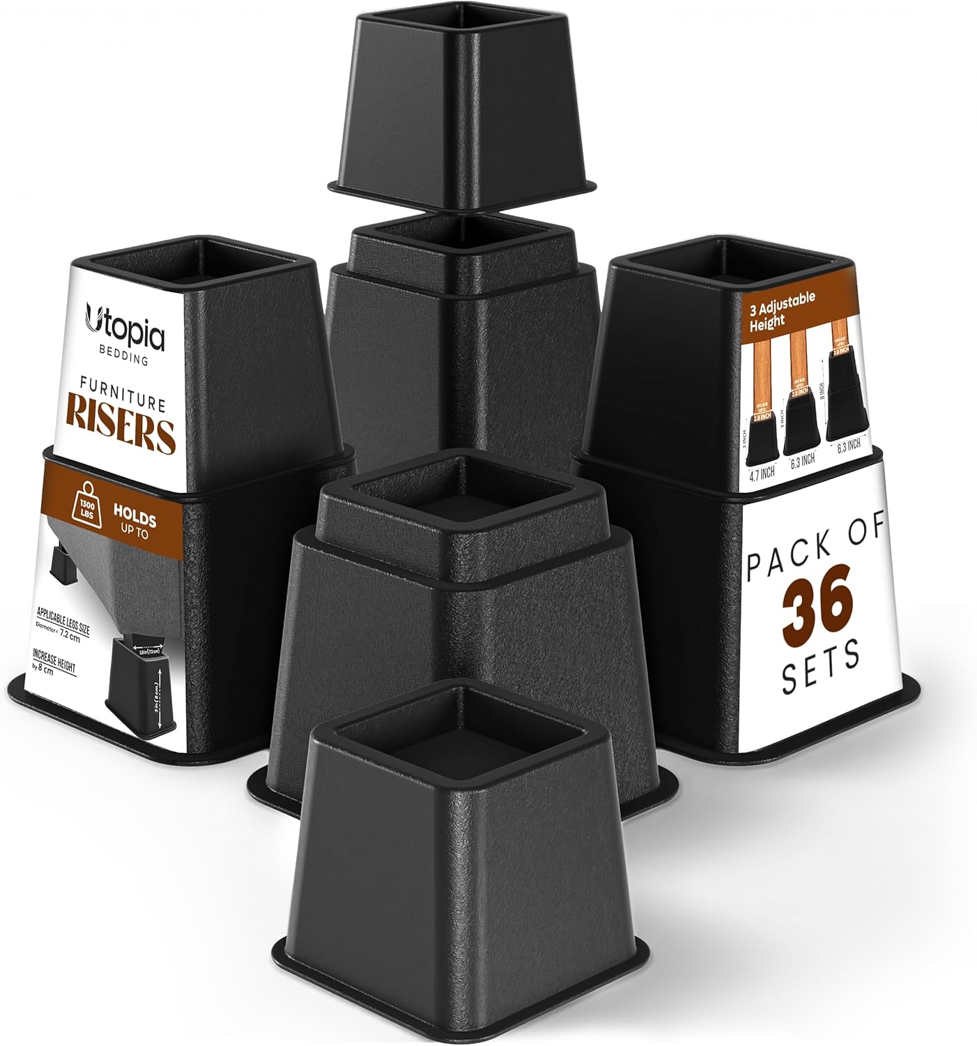Utopia Bedding Bed Riser, 3 & 5 Inches Adjustable Furniture Risers for 8 Inch Combined Furniture Lift, Under Bed Storage & Dorm Room Essential, Supports Up to 1,300 lbs (36 Set, Black)