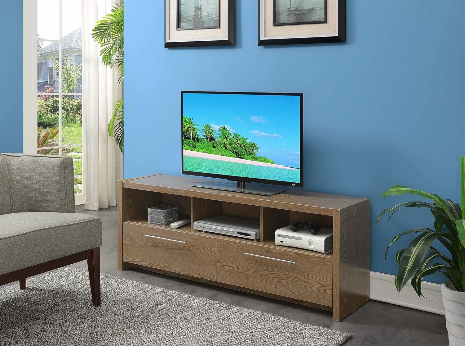 Convenience Concepts Newport Marbella TV Stand 60" - Modern Entertainment Center for TVs up to 65", Contemporary Media Console with Storage Cabinets & Shelves for Living & Family Room, Driftwood