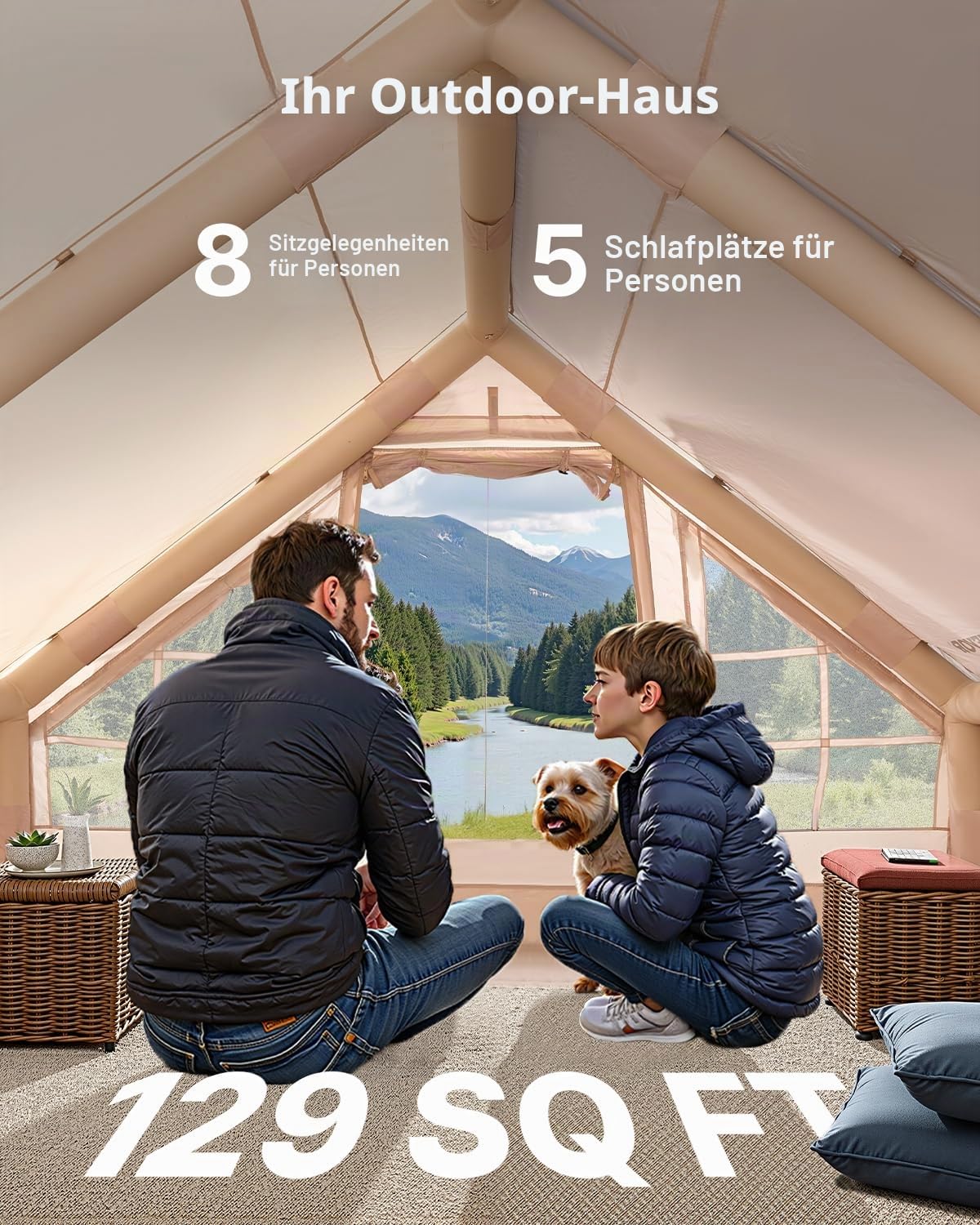 VEVOR Aufblasbare Zelte für Camping, einfach aufzubauen, aufblasbares Zelt mit Handpumpe, 4-Jahreszeiten-Glamping-Zelt mit Herdwagenheber, Türen und Netzfenstern, Aufbewahrungstasche für einfaches