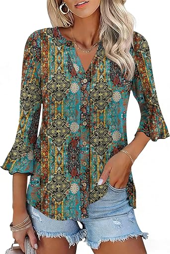 Ivicoer Womens Button Down T Shirts 3/4 Sleeve V-Neck Tops Casual Summer Ladies Tees Ruffle Bell Sleeve Tunic