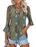 Women's Button Down T Shirts 3/4 Sleeve V-Neck Tops Casual Summer Ladies Tees Ruffle Bell Sleeve Tunic