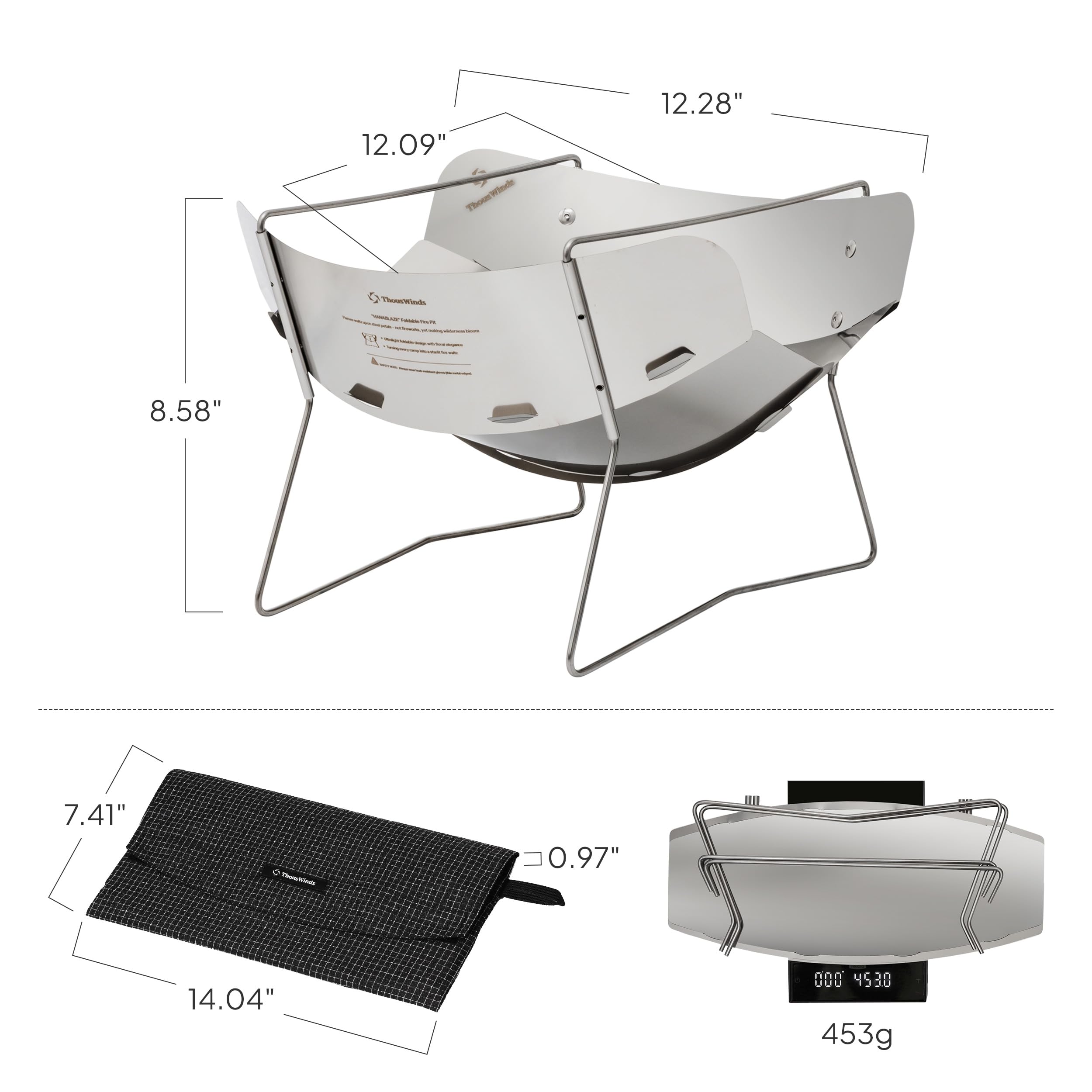 Thous Winds Braciere da esterno, 30,5 cm, portatile, da campeggio, in acciaio inox, per barbecue, bushcraft, zaino in spalla, con custodia