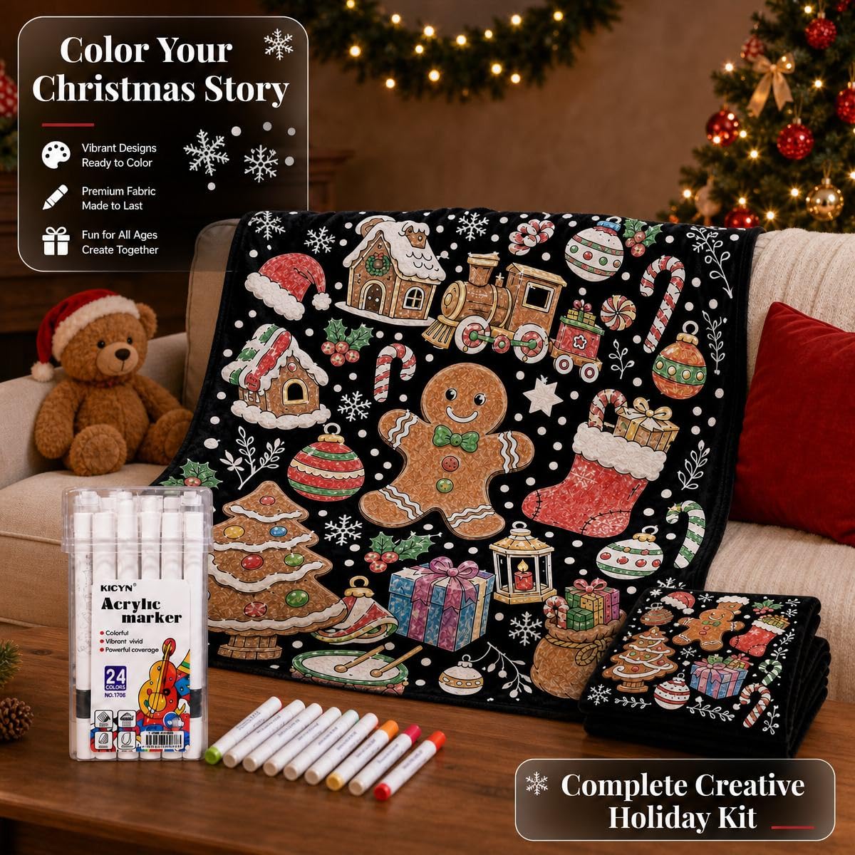 VEELU DIY Colouring Blanket with 24 Coloured Markers - Image 2