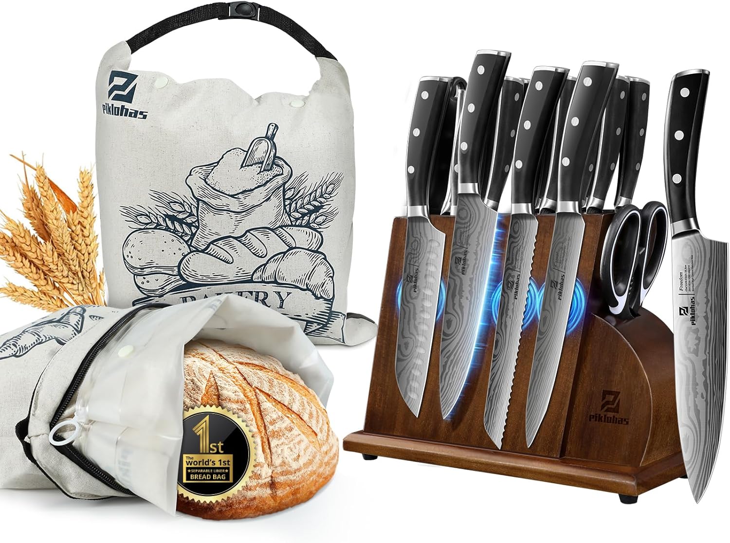 17 Pieces Kitchen Knife Set with Block+Reusable Bread Bags for Homemade Bread