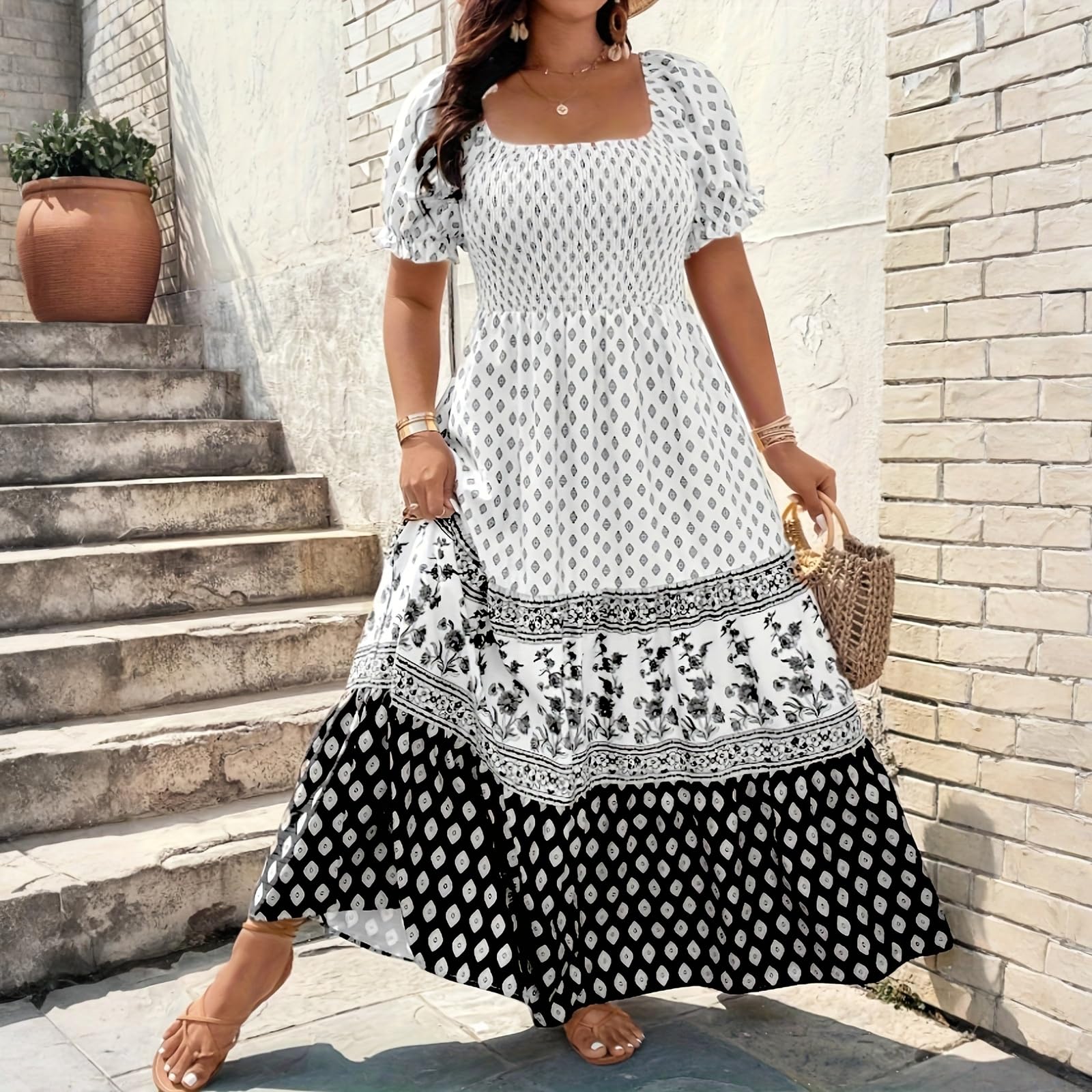 Maxikleid Große Größen Sommerkleid Damen Lang Elegant Blumen Boho Kleid A Linien Gesmoktes Kleider Für Mollige Frauen Sommer Maxi Sommerkleider Leicht Und Luftig Strandkleid Grosse Grössen