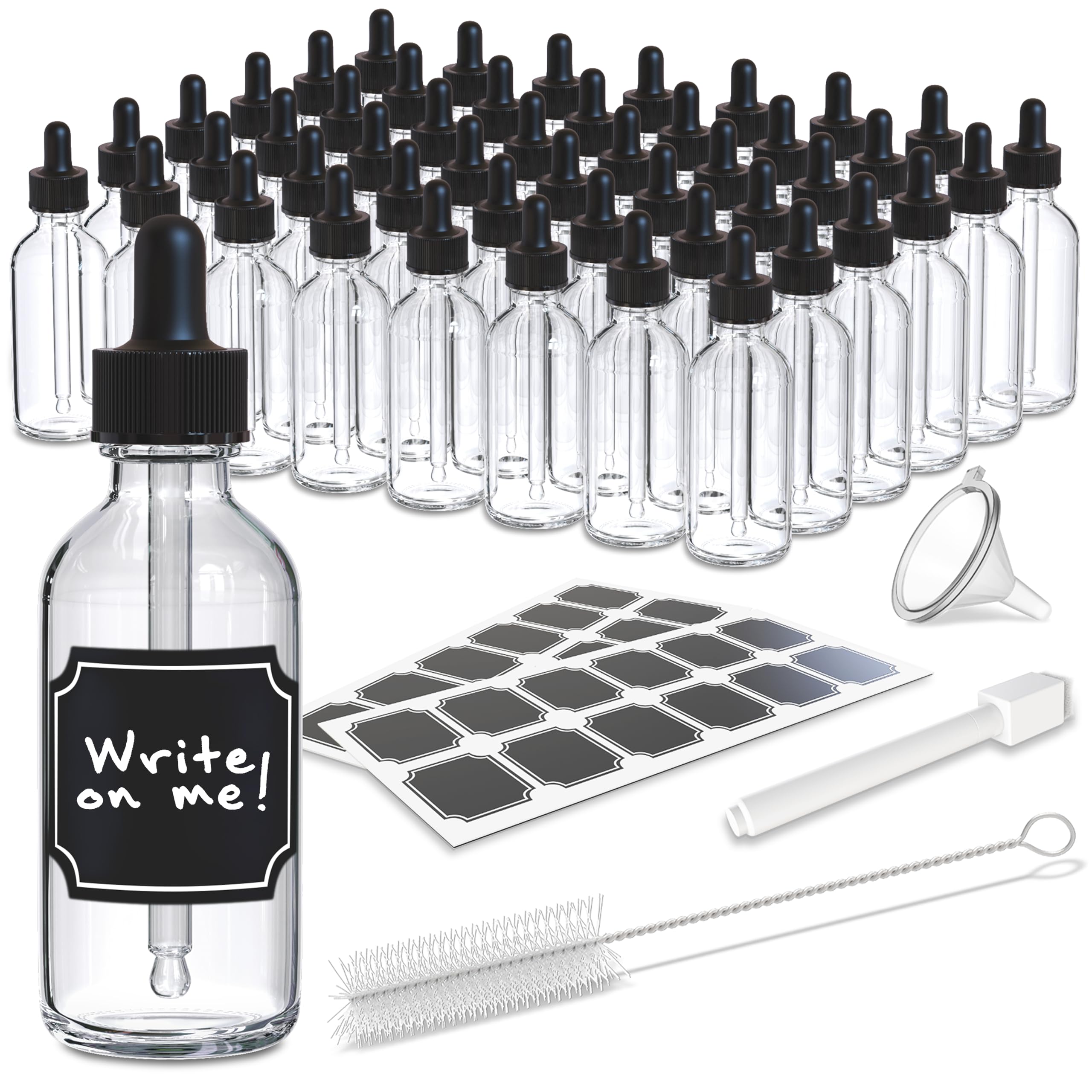 Nevlers 48 Stück transparente Öl-Tropfflaschen, 57 ml, die kleine Glasflasche mit Pipette enthält Pipetten für Öle, Trichter, Pinsel und Marker mit Etiketten, auslaufsichere Glas-Augentropfflasche