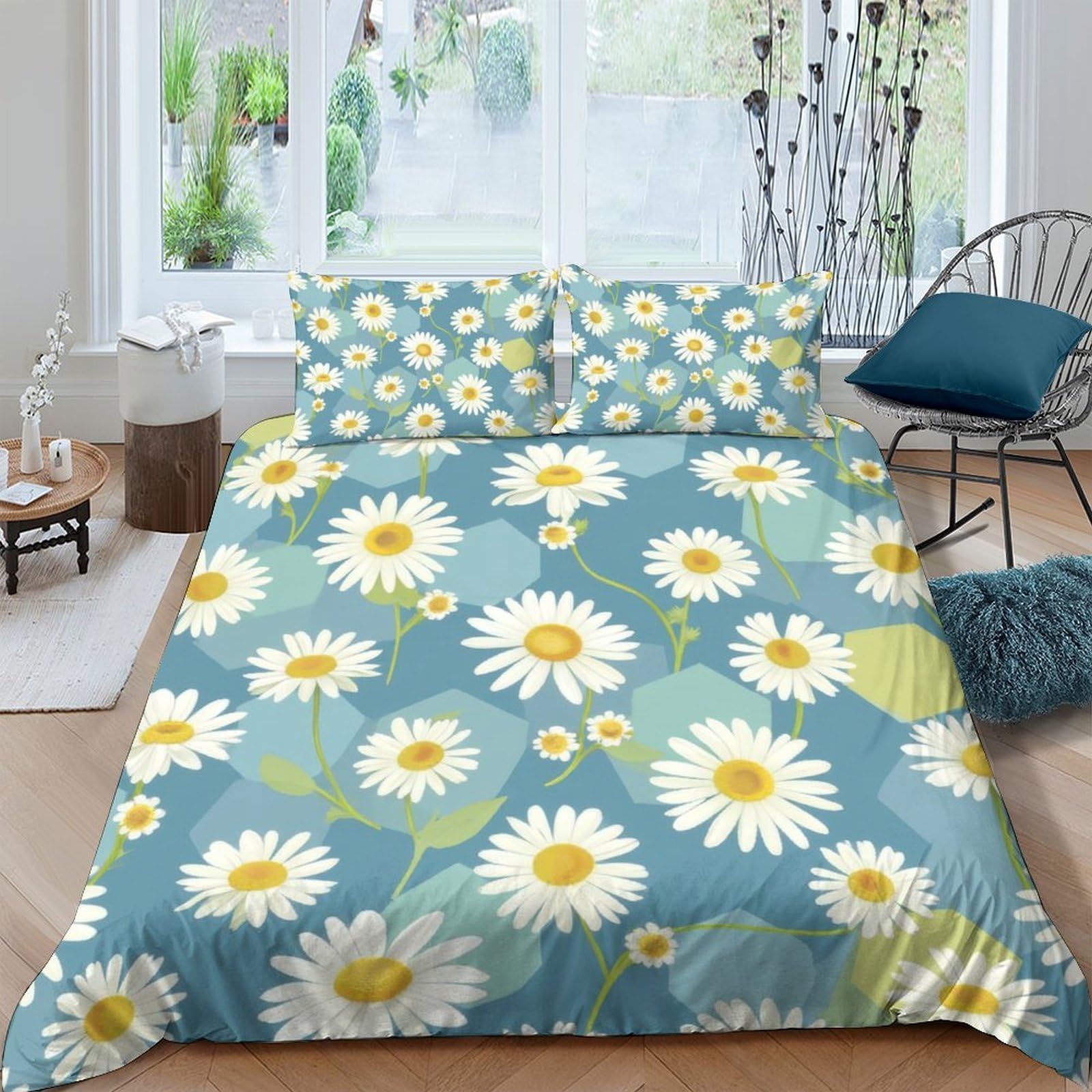 Ctjqhvkz Style-6 3D Printed Daisy Floral Fitted Sheet Microfiber Soft Blue Green Bed Cover Anti-Slip Machine Washable Bedroom Guest Decor Single（135X200cm）