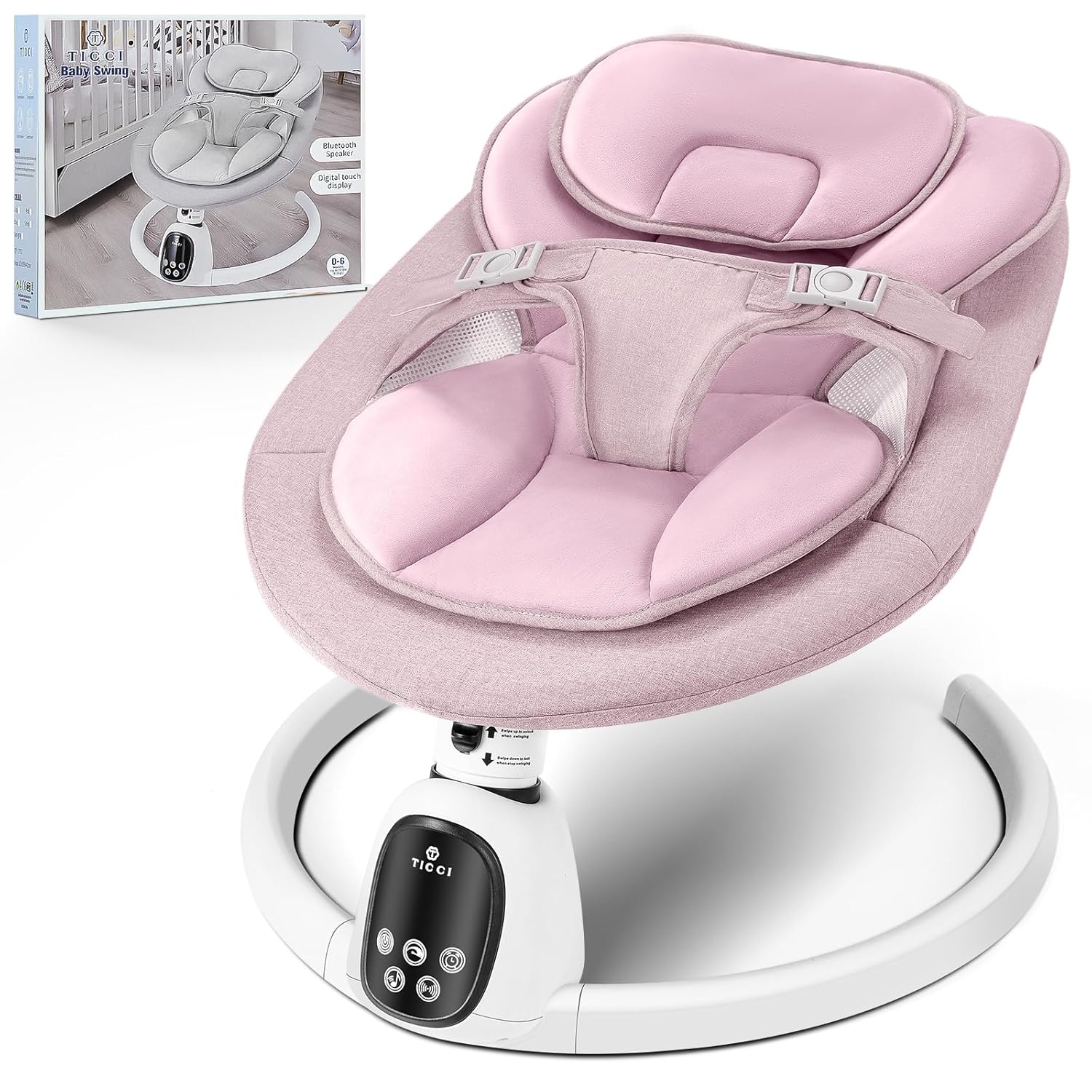 T TICCI Baby Swings for Infants, Smart Portable Baby Swing for Newborn, Bluetooth Infant Swing with Music Speaker, Remote Control Indoor Rocker with 5 Sway Speeds, 0-6 Months, Pink