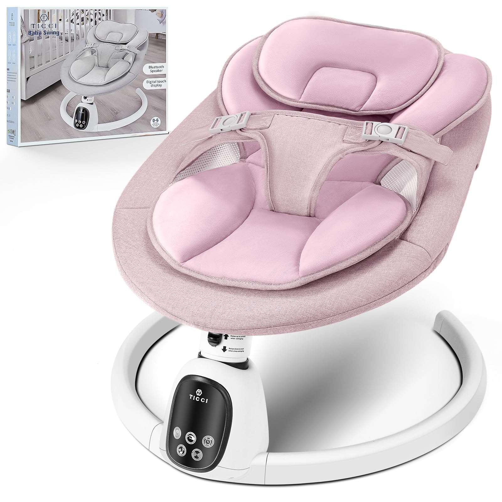 T TICCI Baby Swings for Infants, Smart Portable Baby Swing for Newborn, Bluetooth Infant Swing with Music Speaker, Remote Control Indoor Rocker with 5