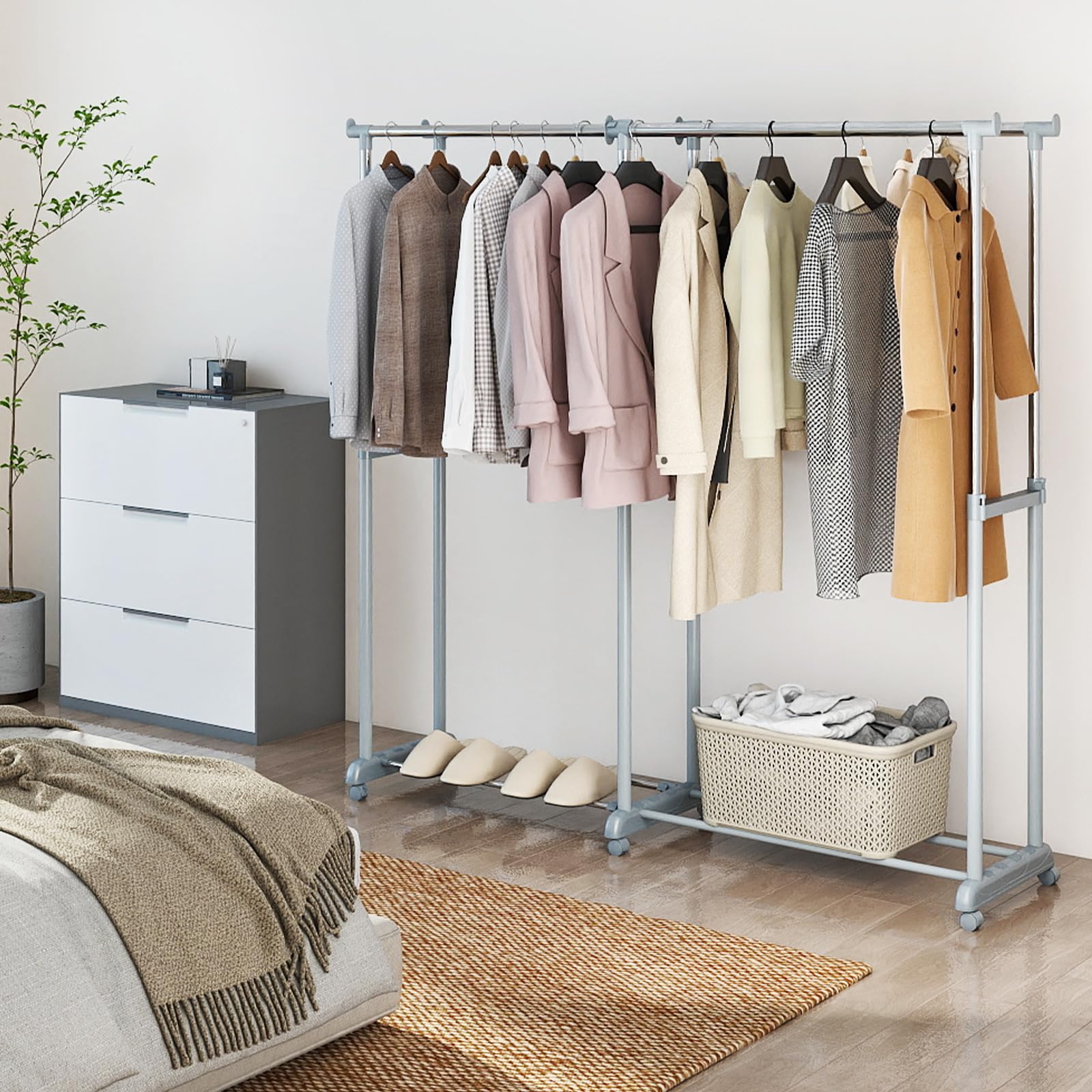 RELAX4LIFE Stand Appendiabiti con Ruote, Doppia Asta in Metallo con Altezza o Larghezza Regolabile, 4/6 Ruote Girevoli con 2 Bloccabili, Appendiabiti Robusto e Portatile per Lavanderia (Stile1)