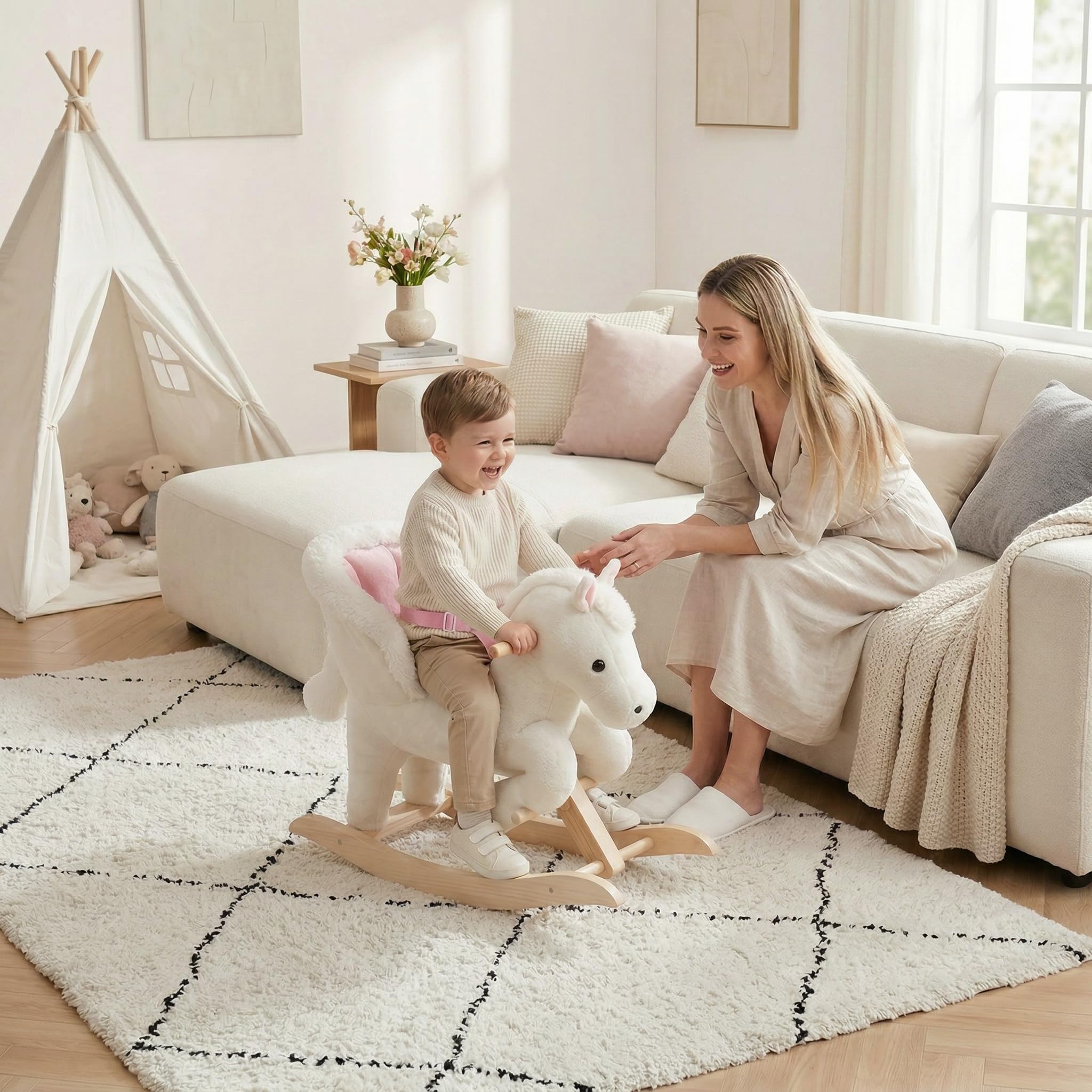 WOLTU Plüsch Schaukelpferd für Babys 18-36 Monate, Schaukeltier mit Soundfunktion, Sicherheitsgurt und hoher Rückenlehne, Baby Schaukelpferd aus Massivholz, Weiß Rosa