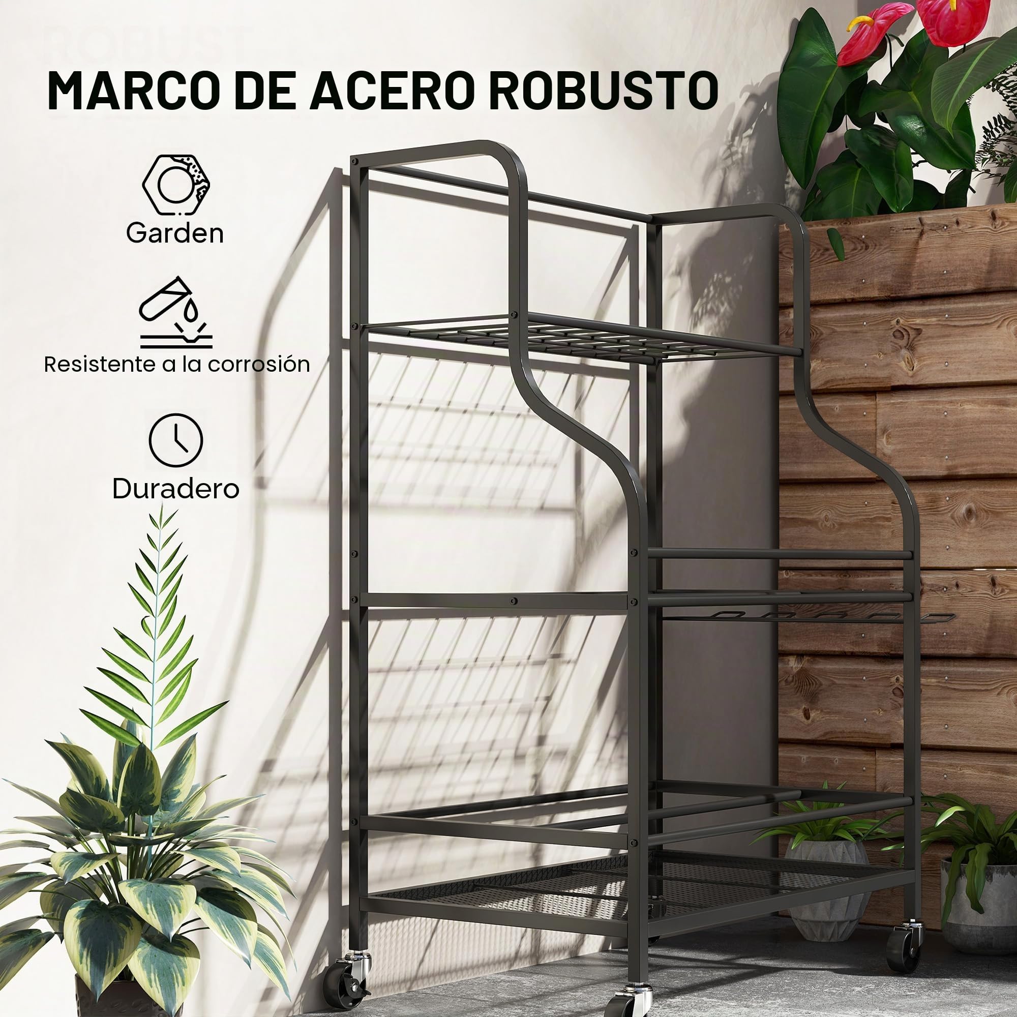 Outsunny - Organizador de herramientas de jardín (54 ranuras, 5 ganchos), color negro | Portaherramientas Garaje Acero Ruedas 3 Niveles, Rastrillos, Almacenamiento Herramientas Jardín