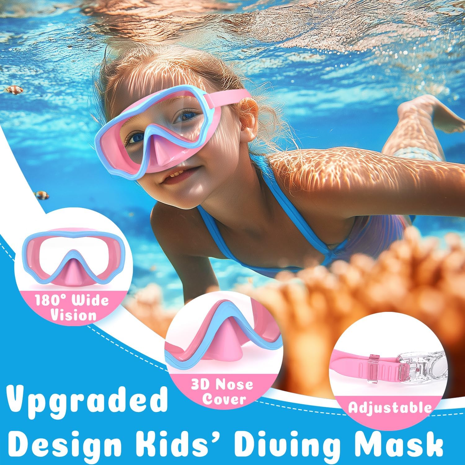 COOLOO 2 Packs Kids Goggles with Nose Cover, 180° Wide View Swimming Goggles for Kids 4-16, No More Hair Snags Anti-Fog No-Leak Snorkel Mask for Boys Girls Youth