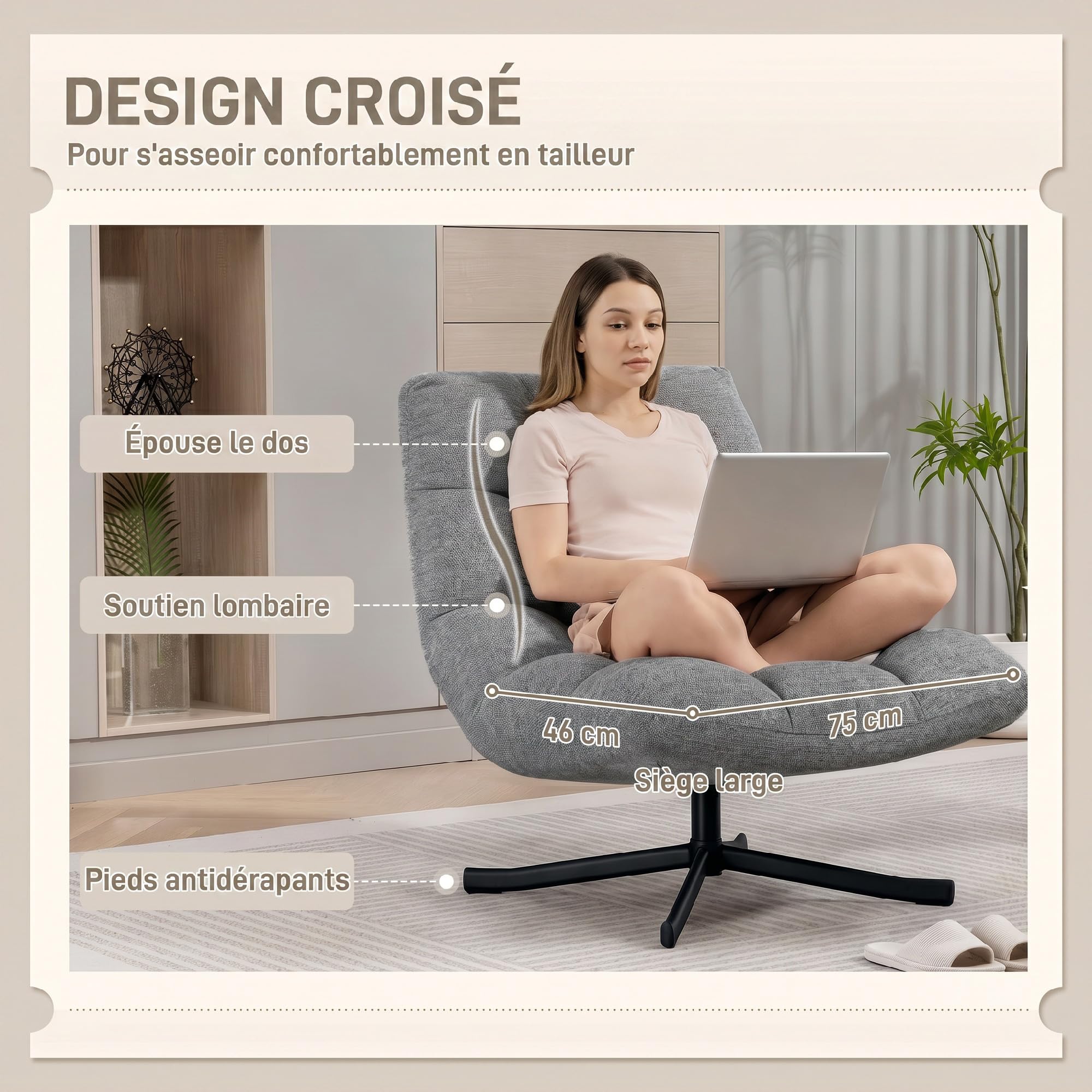 HOMCOM Fauteuil Salon sans Accoudoirs Chaise Pivotante Tissu Chenille Gris | Imperméable, Assise Rembourrée et Large, Pieds Croisés en Acier sans Roulettes, Fauteuil Relax pour Chambre et Salon