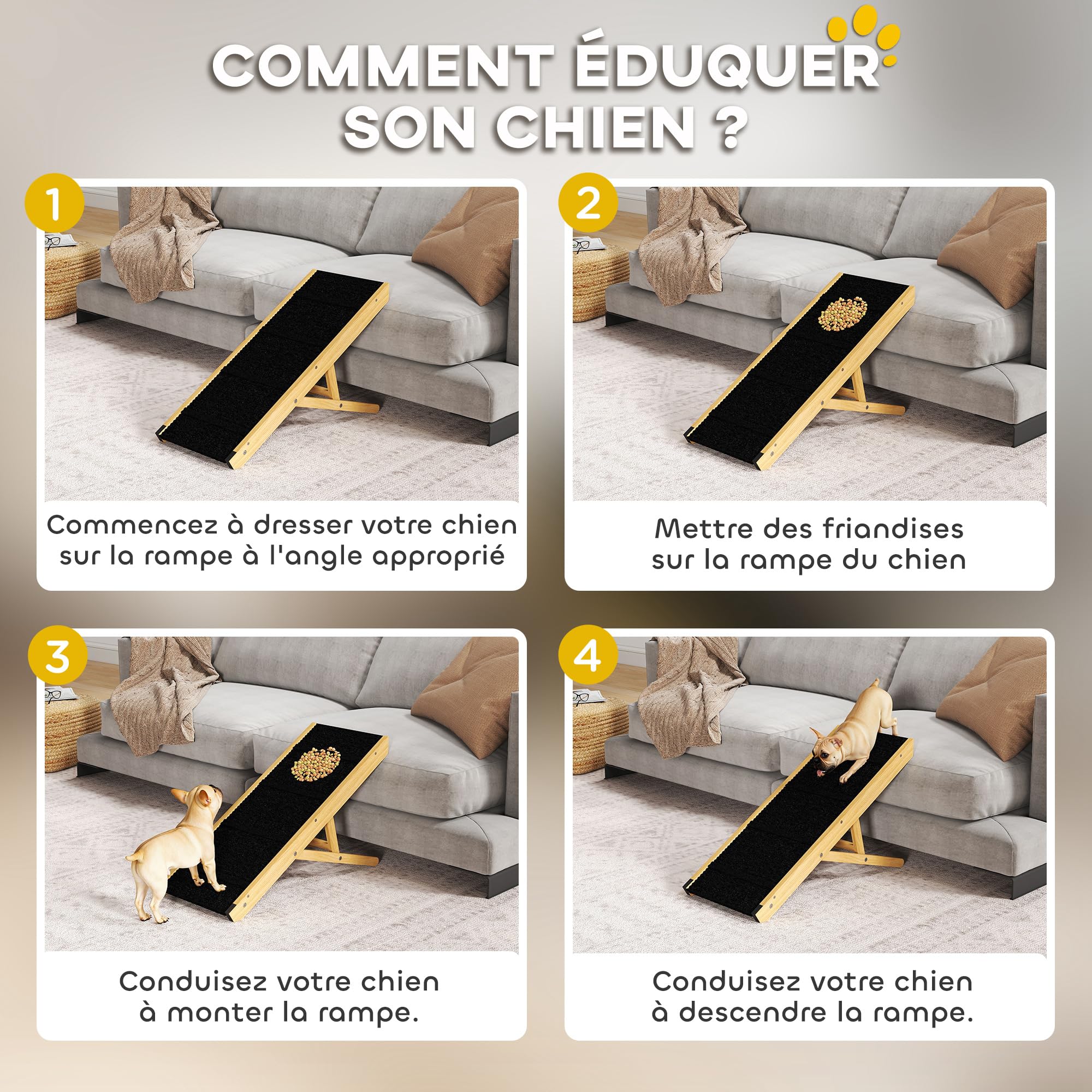 PawHut Rampe Pliable pour Chiens en Bois avec Hauteur Réglable 4 Niveaux, Surface Antidérapante, 83,5 x 35 x 47,5 cm