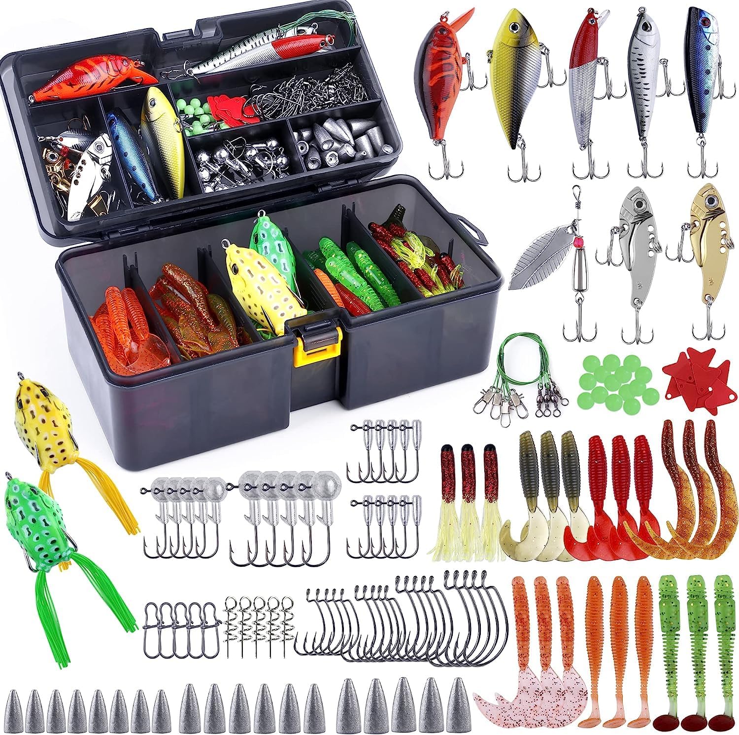 PLUSINNO 201pcs Fishing Accessories Kit, Fishing Tackle Box with Tackle Included, Fishing Hooks, Fishing Weights, Round Split Shot，Fishing Gear for Bass, Trout, Catfish