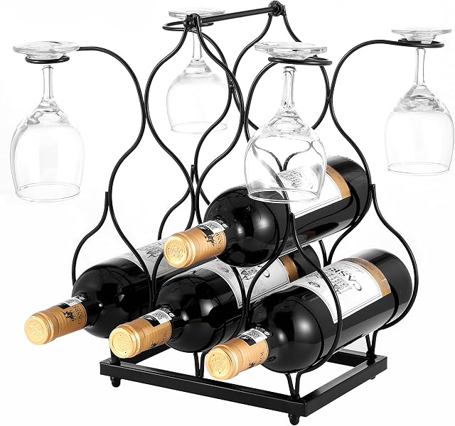 SYITCUN Countertop Wine Rack Metal,Hold 6 Bottles and 4 Glasses Wine Holder Stand,3-Tier Small Tabletop Wine Rack,Wine Organizer for Cabinet,Pantry