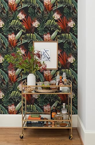 Miniatura 4 de HAOKHOME Papel tapiz removible con diseño floral de selva para despegar y pegar, papel de pared de vinilo negroverderojo, papel de contacto, 17.7