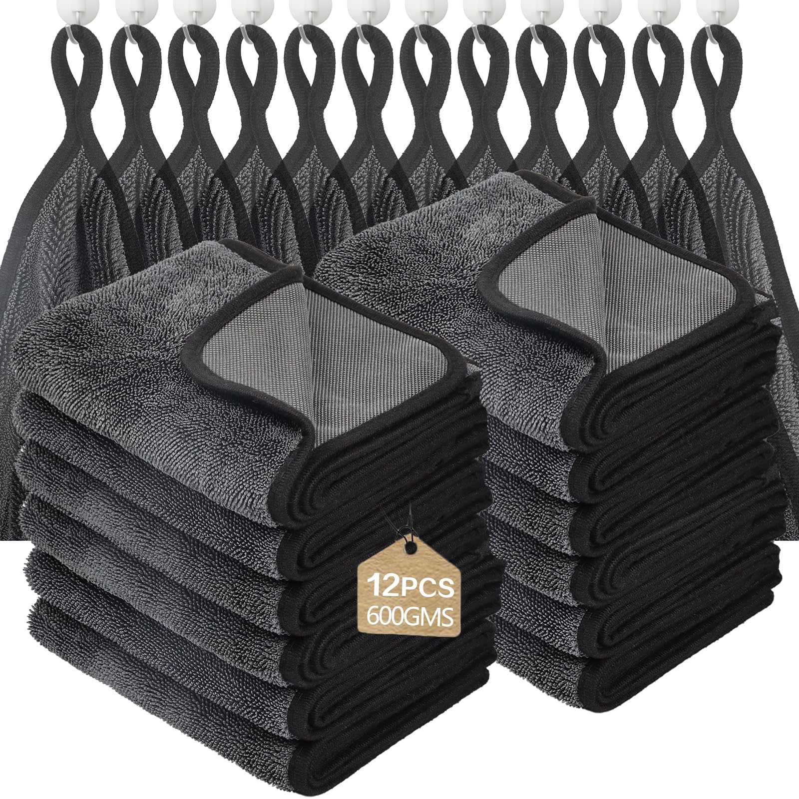 WUFANC Trockentuch Dusche 12er-Pack - Mikrofasertücher Auto Trockentuch, Fussel und Streifenfrei, Extrem Saugfähig - Microfasertücher Handtücher 60x40cm für Verschiedene Anlässe