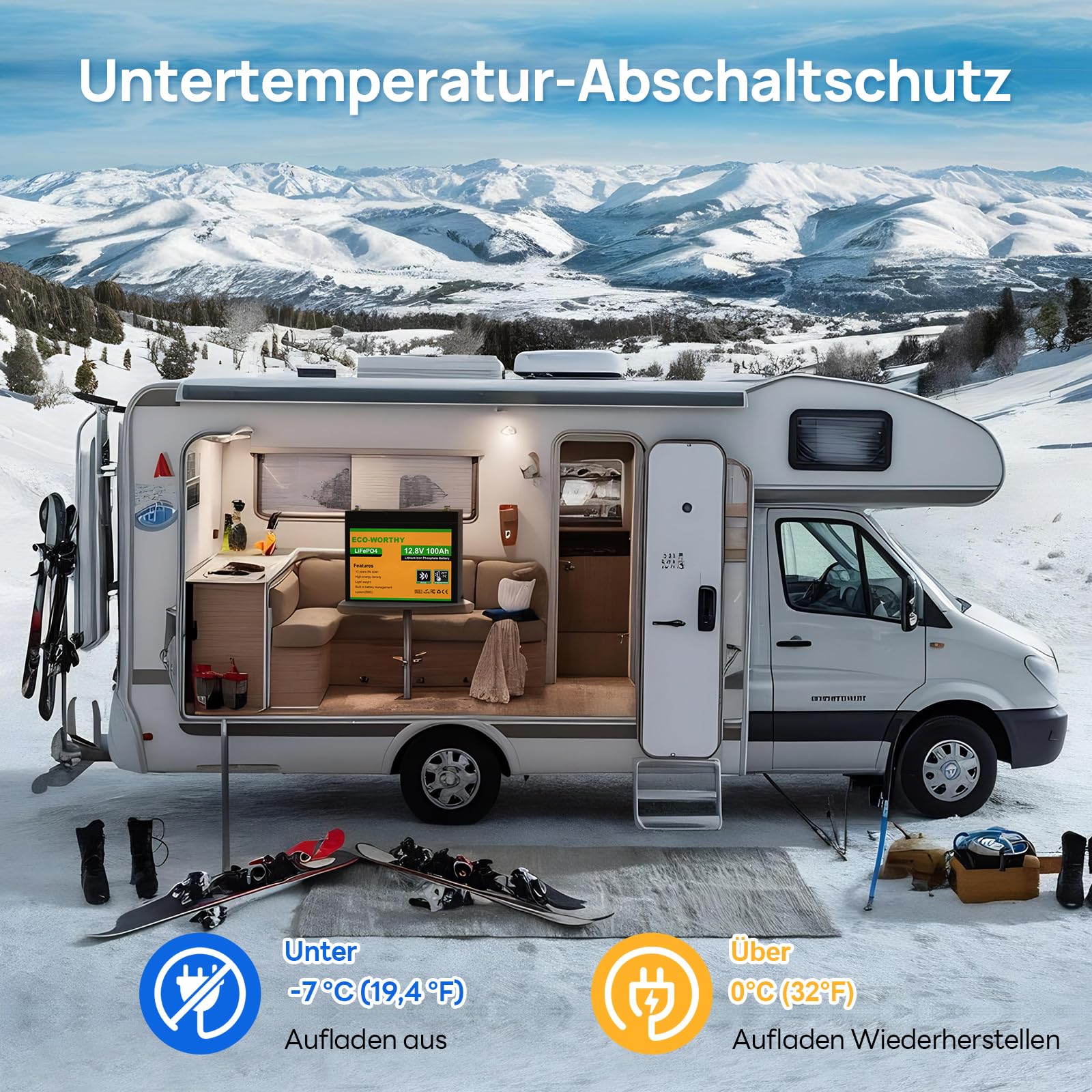 ECO-WORTHY LiFePO4 Bluetooth 12 V 100 Ah con Caricabatterie 12/24 V 20 A, batteria al litio 12 V 100 Ah con protezione BMS a bassa temperatura per camper, barche, roulotte
