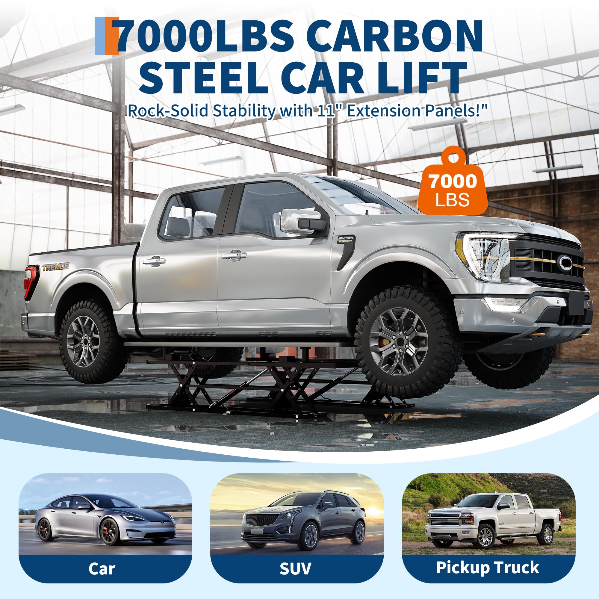 Portable Car Lift 7000LBS, Heavy-Duty Carbon Steel Auto Lift Jack for Garage & Shop, Adjustable Height 6.26"-27", with Extension Plates & Safety Locks