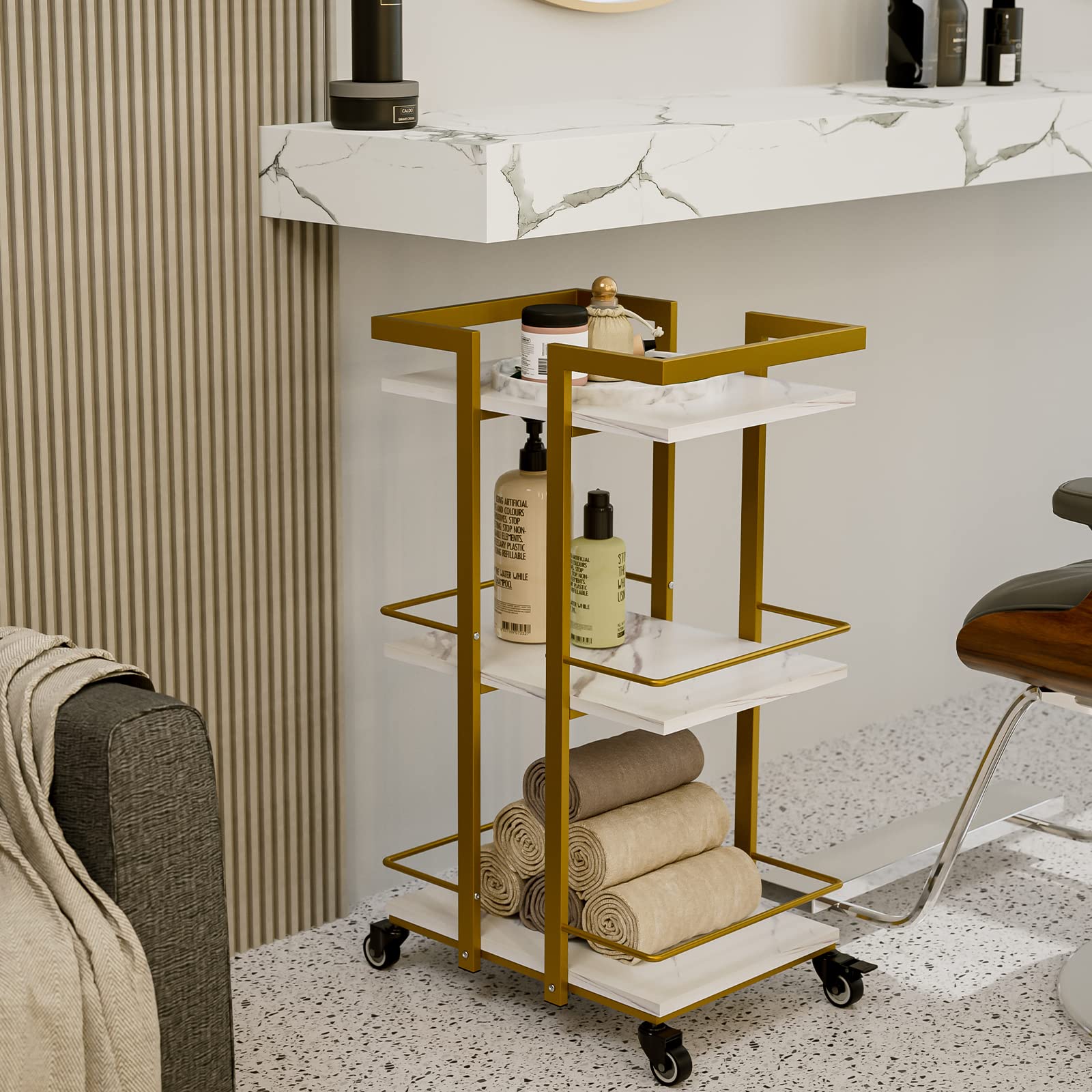 Icoget Chariot pour esthéticienne avec roulettes, chariot à 3 niveaux pour salon et beauté - Chariot de service mobile avec 3 tablettes pour les cils, studio de manucure, spa, tatouages, soin du