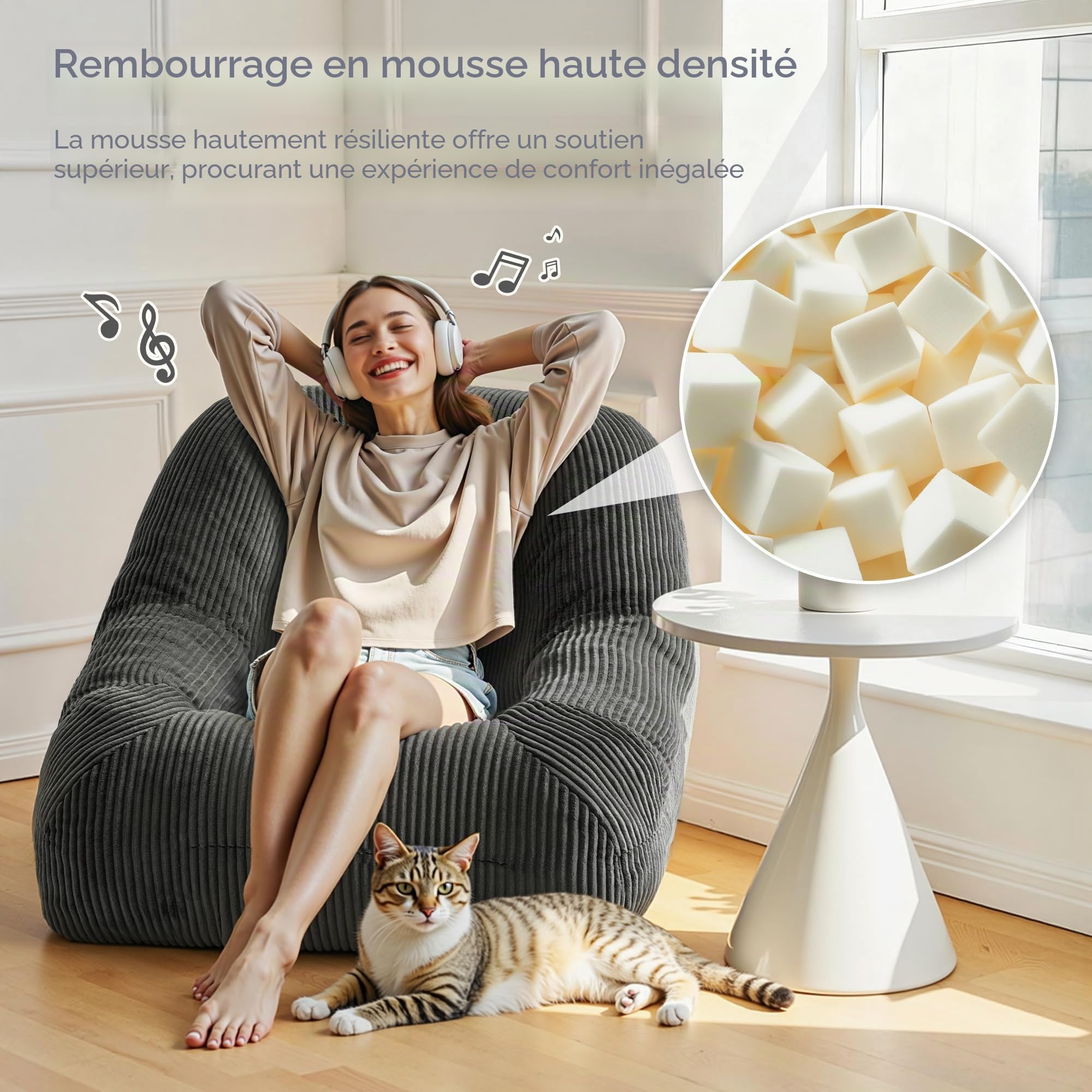 Pamapic Pouf Salon, Pouf Géant avec Éponge de Remplissage, Fauteuil Salon avec Poignée Portable & Fonction d’Inclinaison du Dossier, Idéal pour Salle de Jeux, Chambre, Design Ergonomique, Gris
