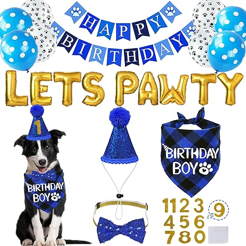 STMK Suministros para fiesta de cumpleaños para perros, varios tamaños, bandana de cumpleaños para perros, sombrero de cumpleaños con números,