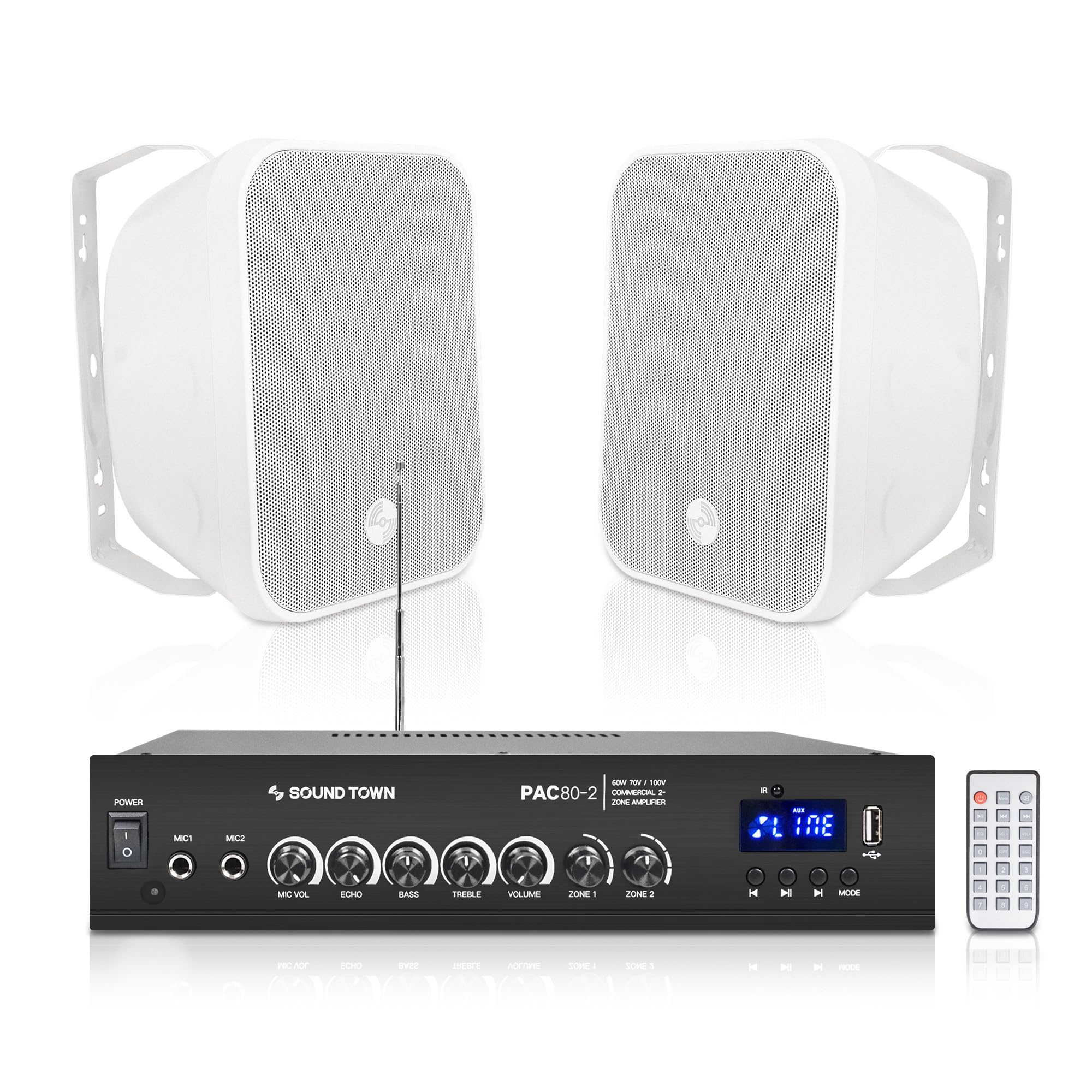 Sound Town Commercial Restaurant Bluetooth Amplifier + Surface-Mount Speaker Set, with One 2-Zone 70V/100V Amplifier with Bluetooth, 2 x 5.25-Inch Surface-Mount Speakers, White (PAC80X2MS5W)