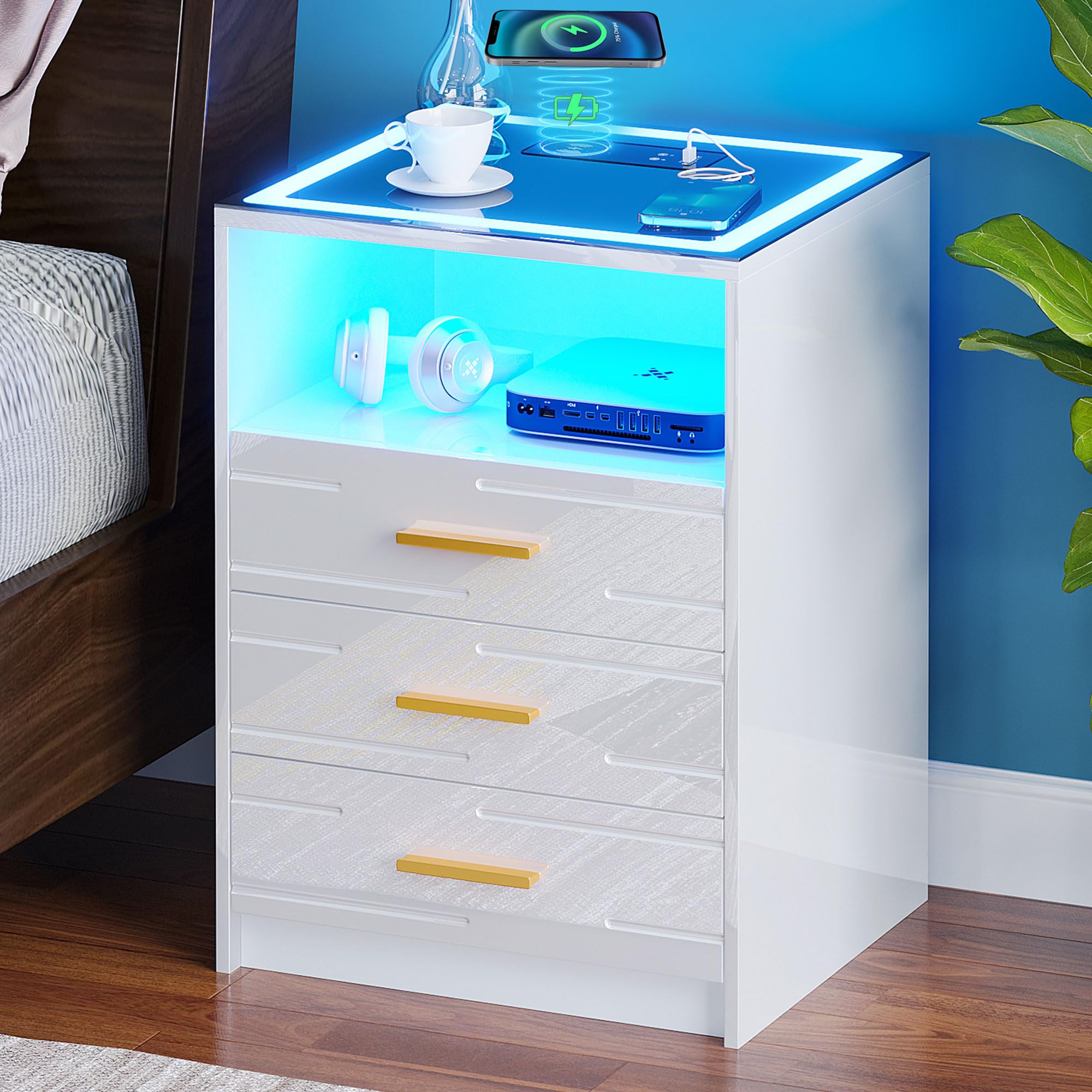 yoofun White Bedside Table with Wireless Charging Station, LED Nightstand with 3 Drawers, High Gloss Smart Sofa Side End Table with USB Type-C for Living Room Bedroom