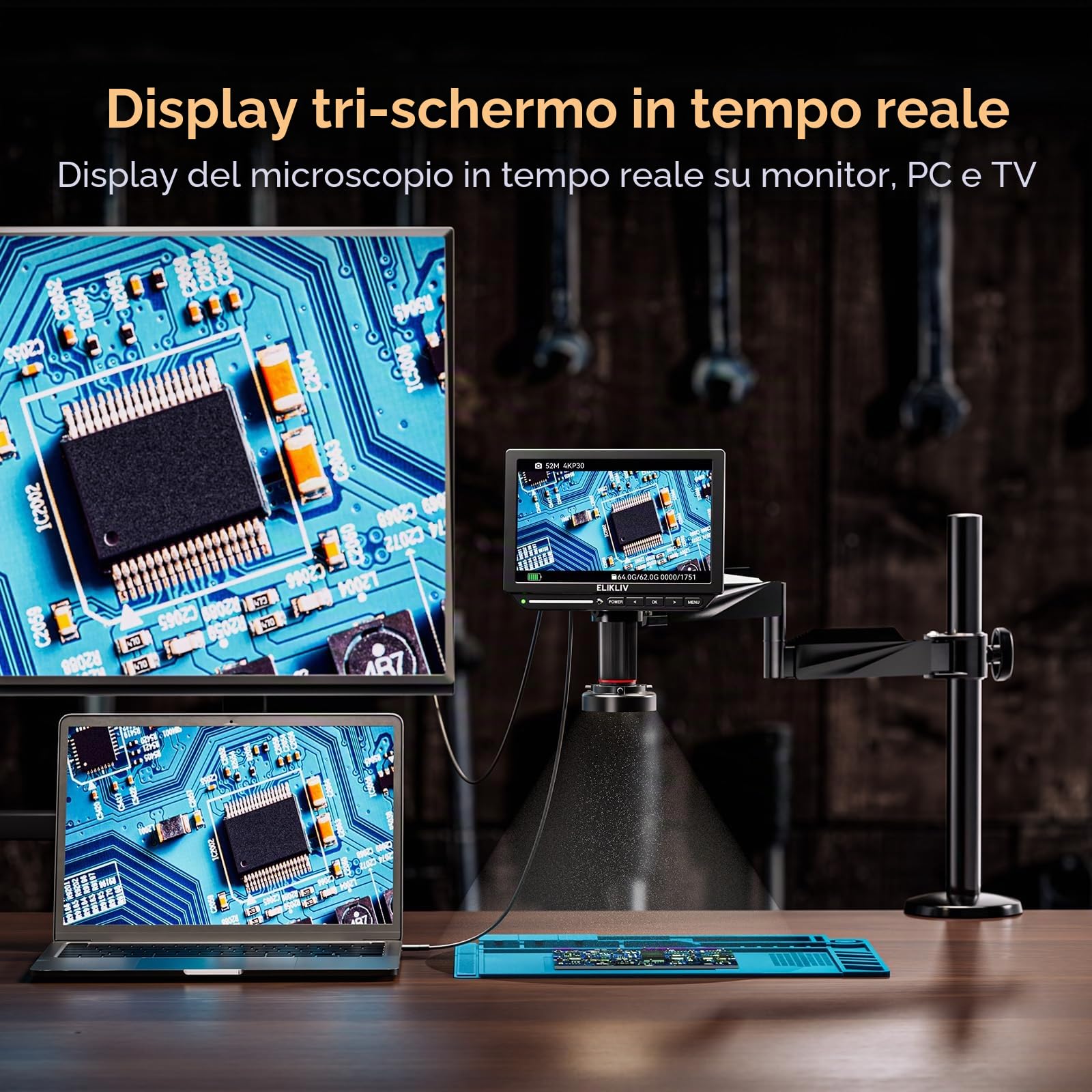 Elikliv EM4K Flex 4K Digital Microscopio, 10.1" HDMI Saldatura Microscopio con Flex Arm Stand per Riparazione Elettronica, 52MP Coin Magnifier per Monete Errori, Anello Luce, Silicone Saldatura Mat