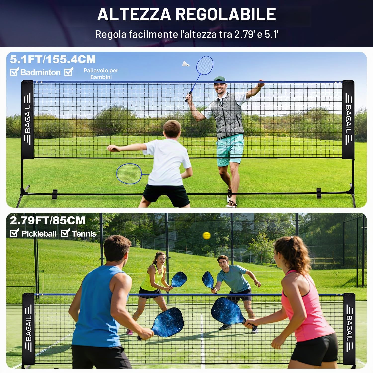 BAGAIL rete sportiva con set per pickleball e badminton, 3m / 4,2m / 5,2m | sistema a rete regolabile in altezza, borsa da trasporto portatile, senza attrezzi, per pallavolo, pickleball e tennis