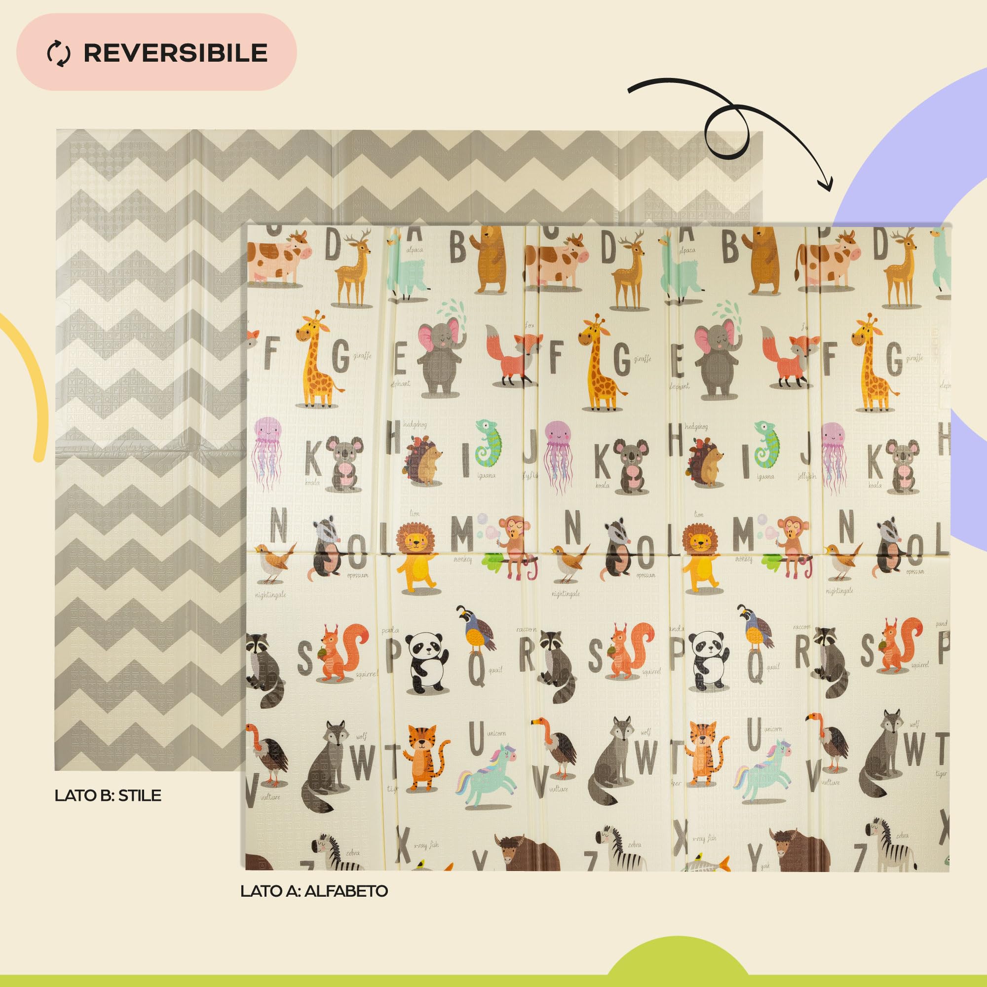 Tappeto da gioco bambini 180×200×1,5 cm pieghevole reversibile atossico impermeabile antiscivolo palestra neonato tummy time bambini arco giochi neonato 0-3/3-6/6-9 mesi sviluppo sensoriale - 4