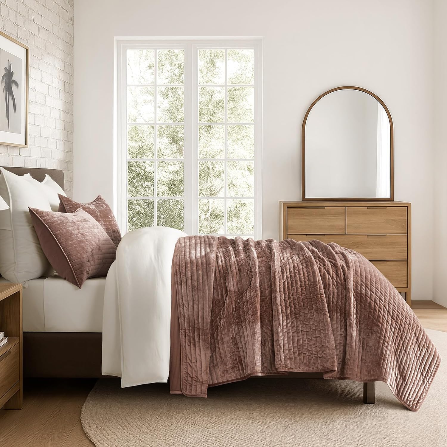 EVERGRACE Velvet Quilt Set Full Queen Size, Luxurious Soft Striped Channel Bedding Set, Lightweight Velvet Comforter for All Season, Oversized Bedspread Coverlet with 2 Matching Shams, Terracotta Clay - Image 5