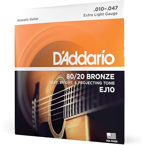 D'Addario Guitar Strings - Acoustic Guitar Strings - 80/20 Bronze - For 6 String Guitar - Deep, Bright, Projecting Tone - EJ10 - Extra Light, 10-47