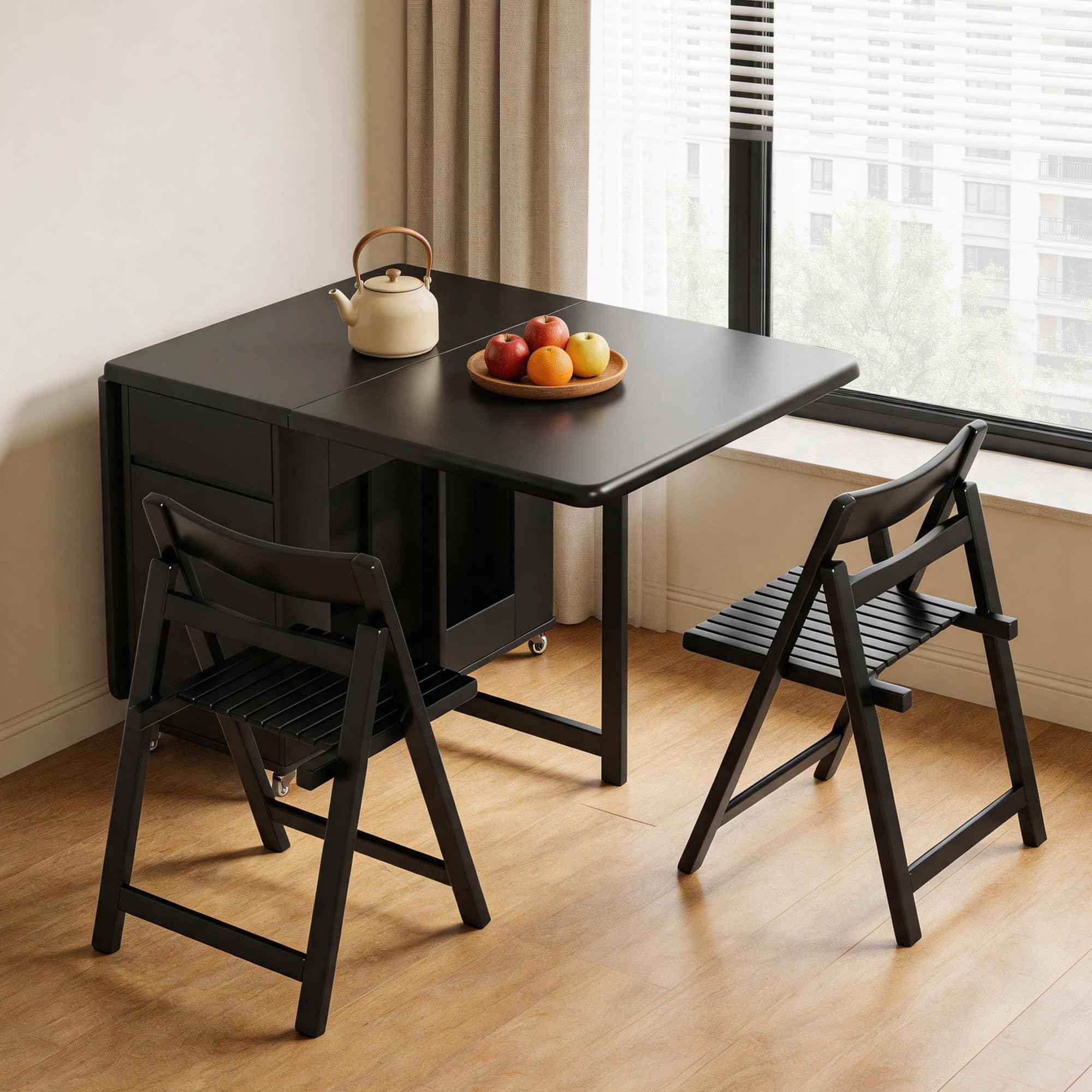 Set di tavolo e sedie pieghevoli in legno massello per 8 persone con contenitore, design elegante, salvaspazio, perfetto per sale da pranzo e cucine