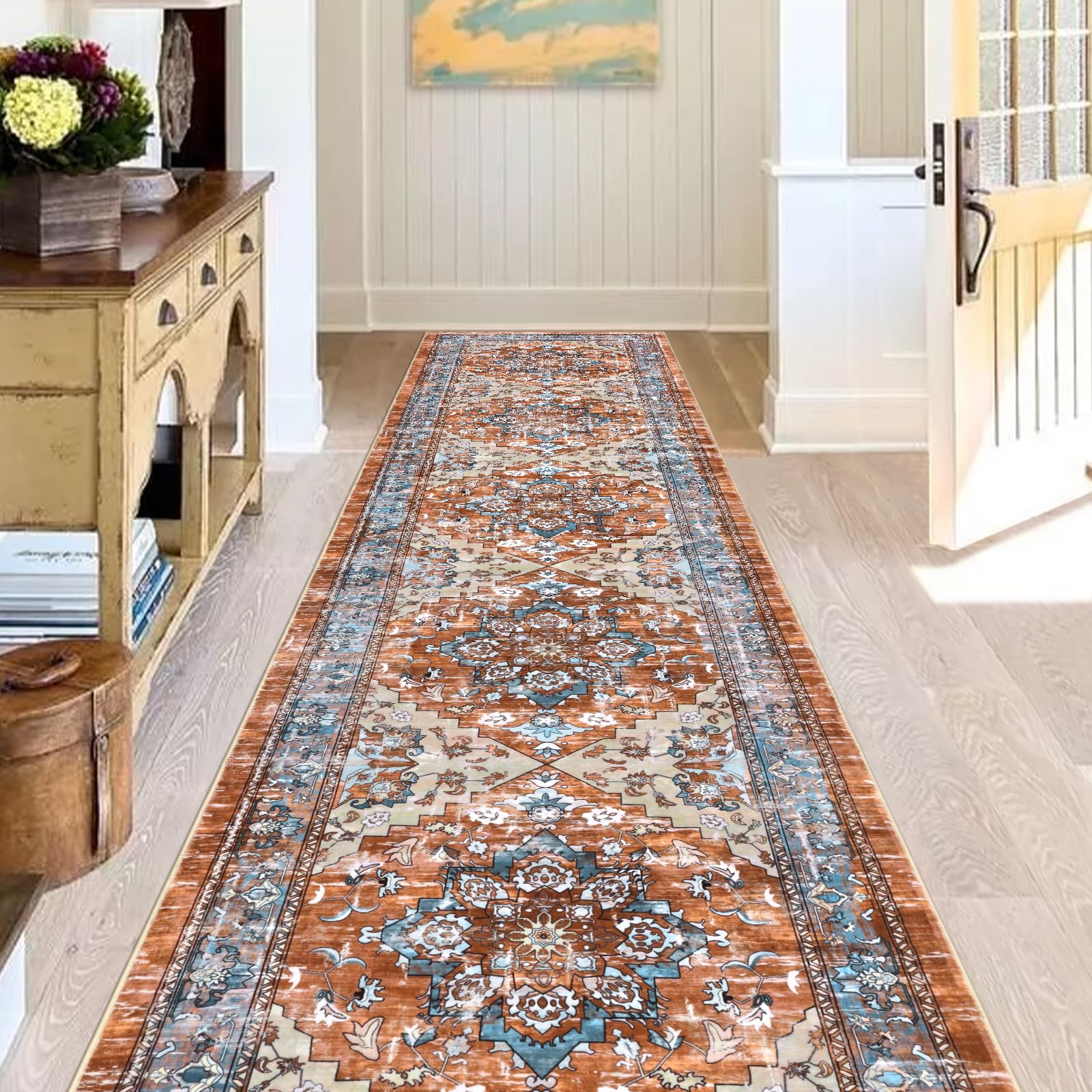 Bsmathom Runner Rug for Hallways 2.6x12 Ft Extra Long, Non-Slip Non-Shedding Hallway Runner Rug Bohemian Vintage Carpet Runner, Washable Low-Pile Floor Carpet for Kitchen Laundry Living Bedroom, Red