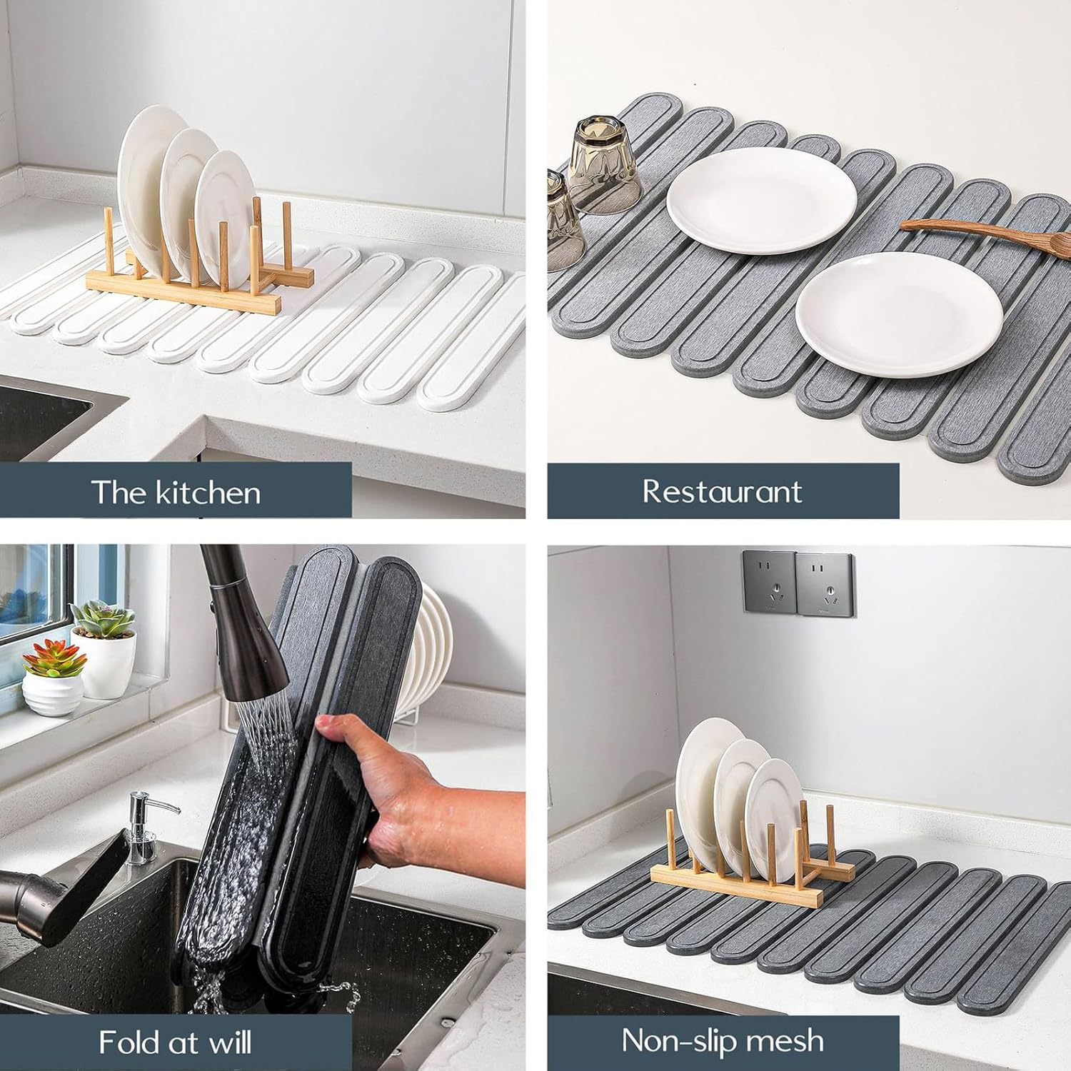 Stone Dish Drying Mat for Kitchen Counter, Large Foldable Countertop Mat, Quick-Dry, Non-Slip Diatomaceous Absorbent Pad for Dishes Dinnerware, Glassware & Cookware (Dark Grey, 24"(L)×16"(W))