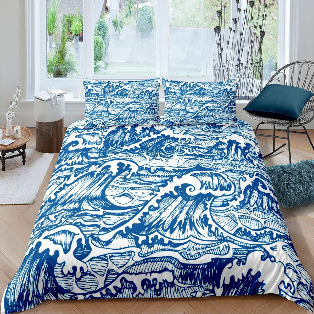 Loussiesd Ocean Wave Comforter Cover Japanese Hokusai Bedding Set for Kids Boys Girls Japanese-Style Sea Wave Duvet Cover Exotic Japanese Blue Decor Bedspread Cover with 2 Pillowcases 3Pcs Double