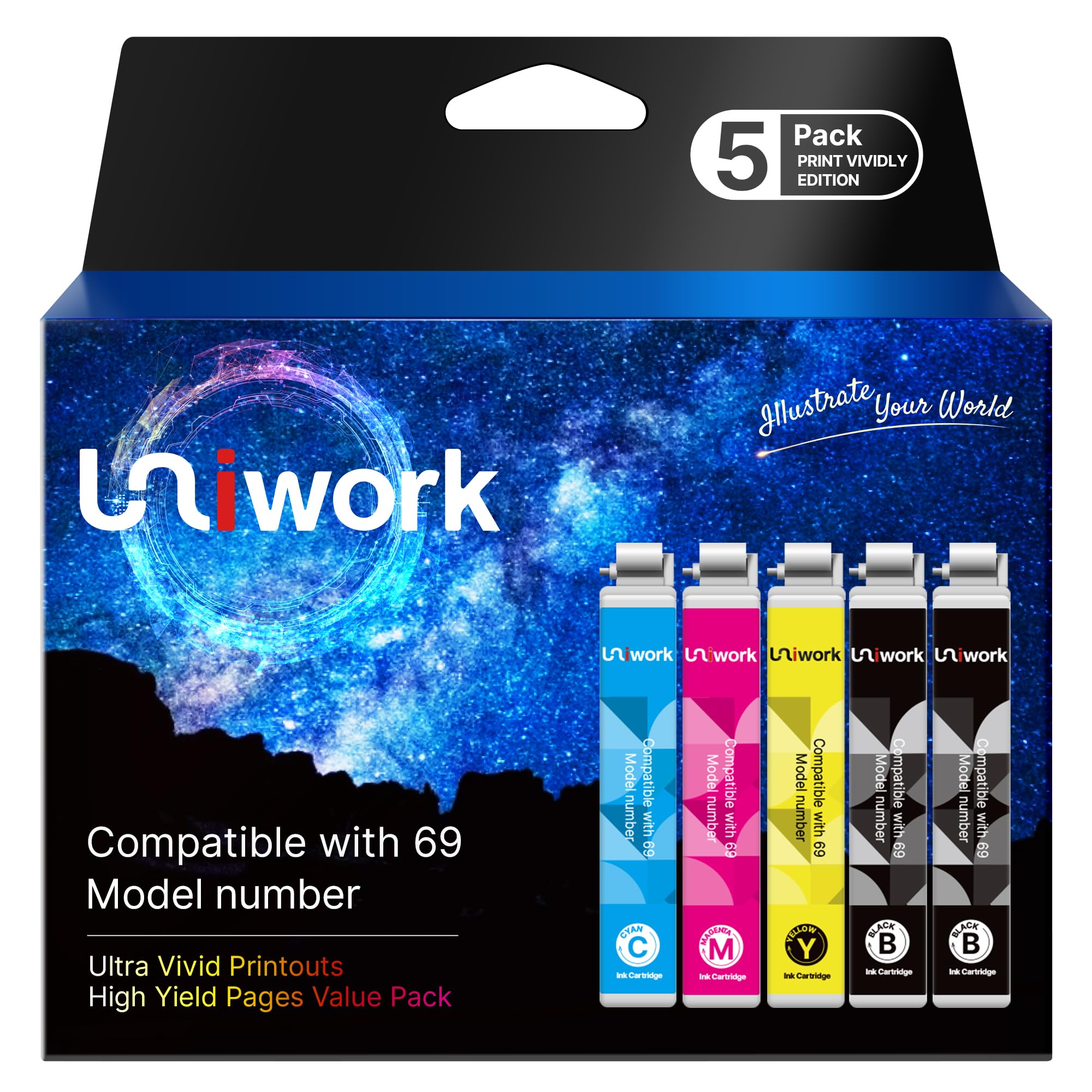 Uniwork Remanufactured Replacement for 69 Ink Cartridges 5 Pack for CX8400 | Replacement for Epson 69 Ink Cartridge Use for Stylus CX6000 NX400 NX410 NX415 NX515 Workforce 600 610 615 1100 Printer