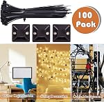 100 Pack Cable Clips with Zip Ties, Self Adhesive Mounts with Cable Ties for Wire Holder, Cable Management Cord Organization for Home Office Desk Wall Decorations - Black